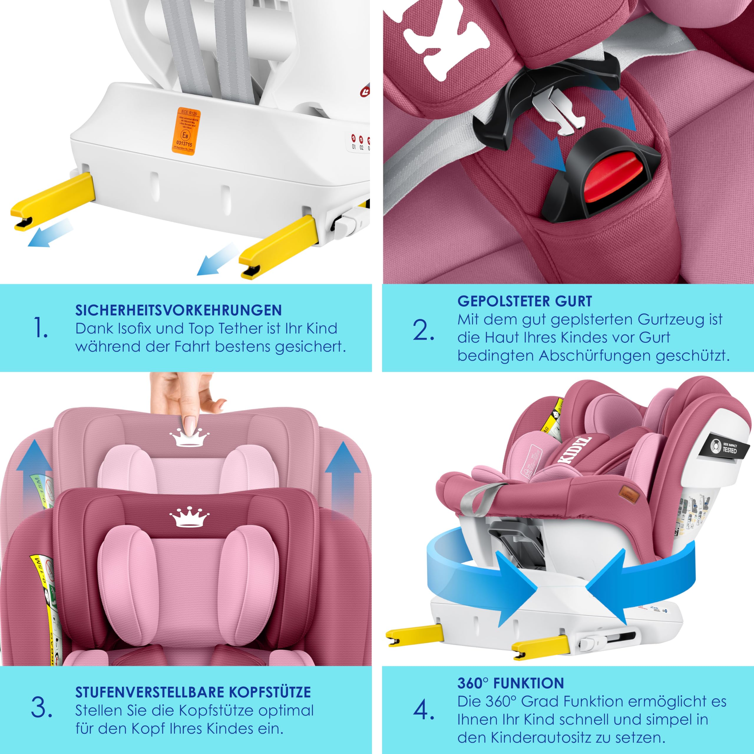KIDIZ® Siège auto pour enfant | Siège auto pour bébé | Siège auto pour enfant Isofix Top Tether | pivotant à 360°, groupe 0/1/2/3, dès la naissance, de 0 à 36 kg | Avec pare-soleil (Rose)