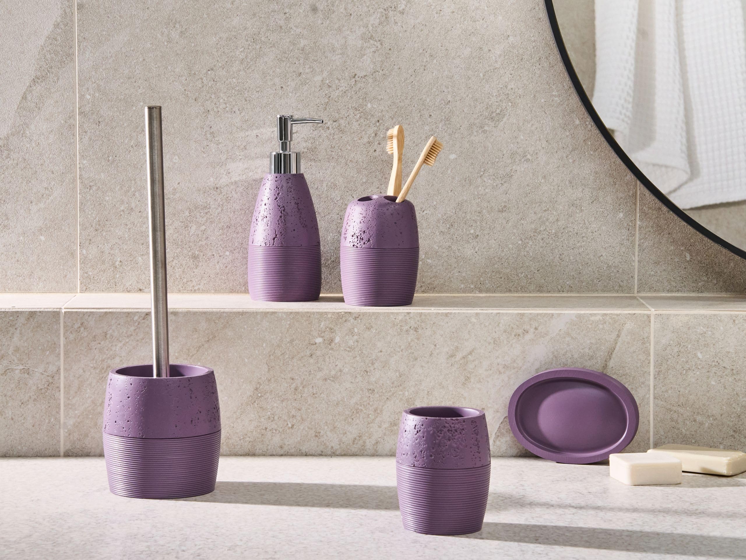 Conjunto de 5 Accesorios de baño jabonera dispensador de jabón escobilla de Inodoro Vaso Soporte para cepillos de Dientes púrpura Yarapa