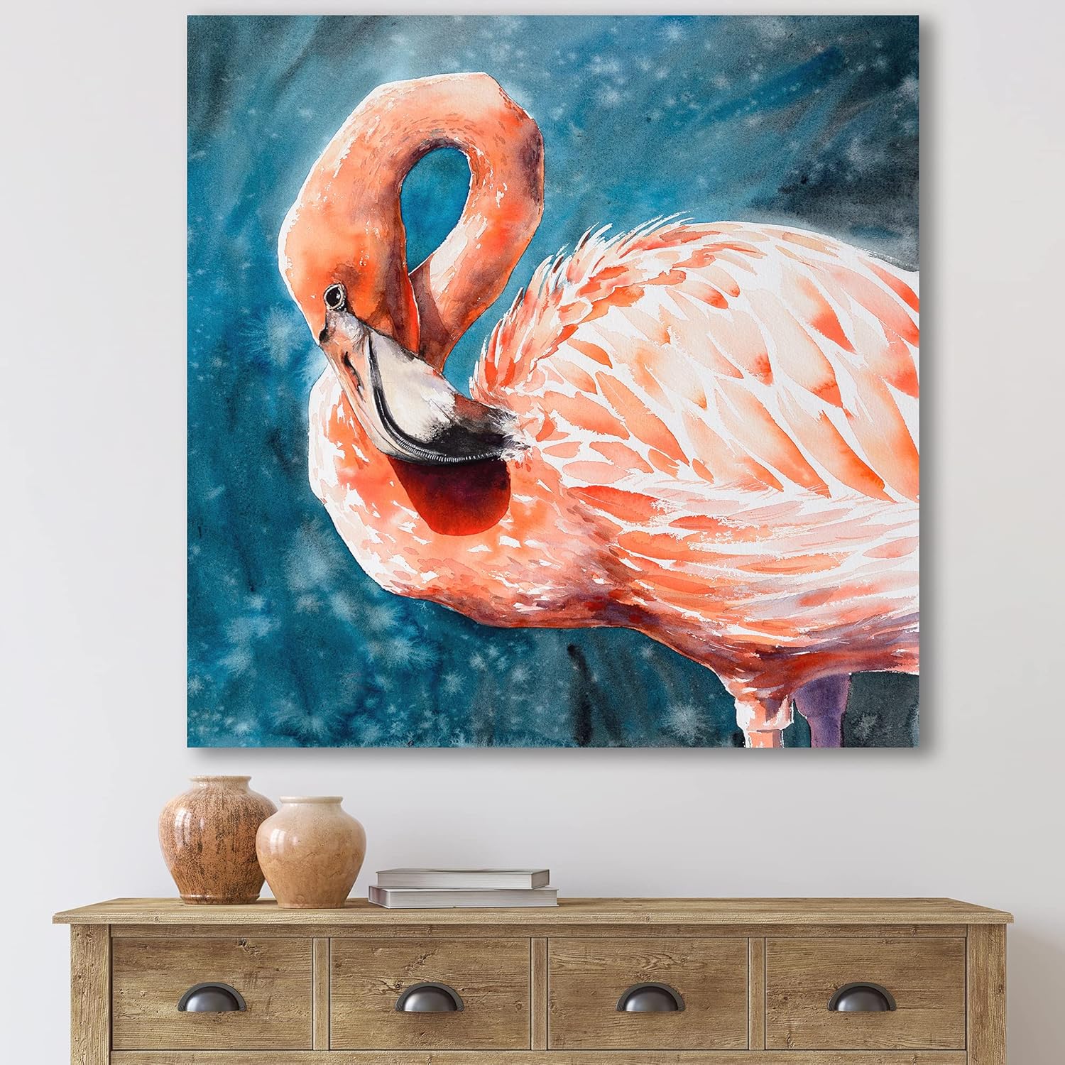 Pink Flamingos In Blue Water II Farmhouse Canvas Wall Art