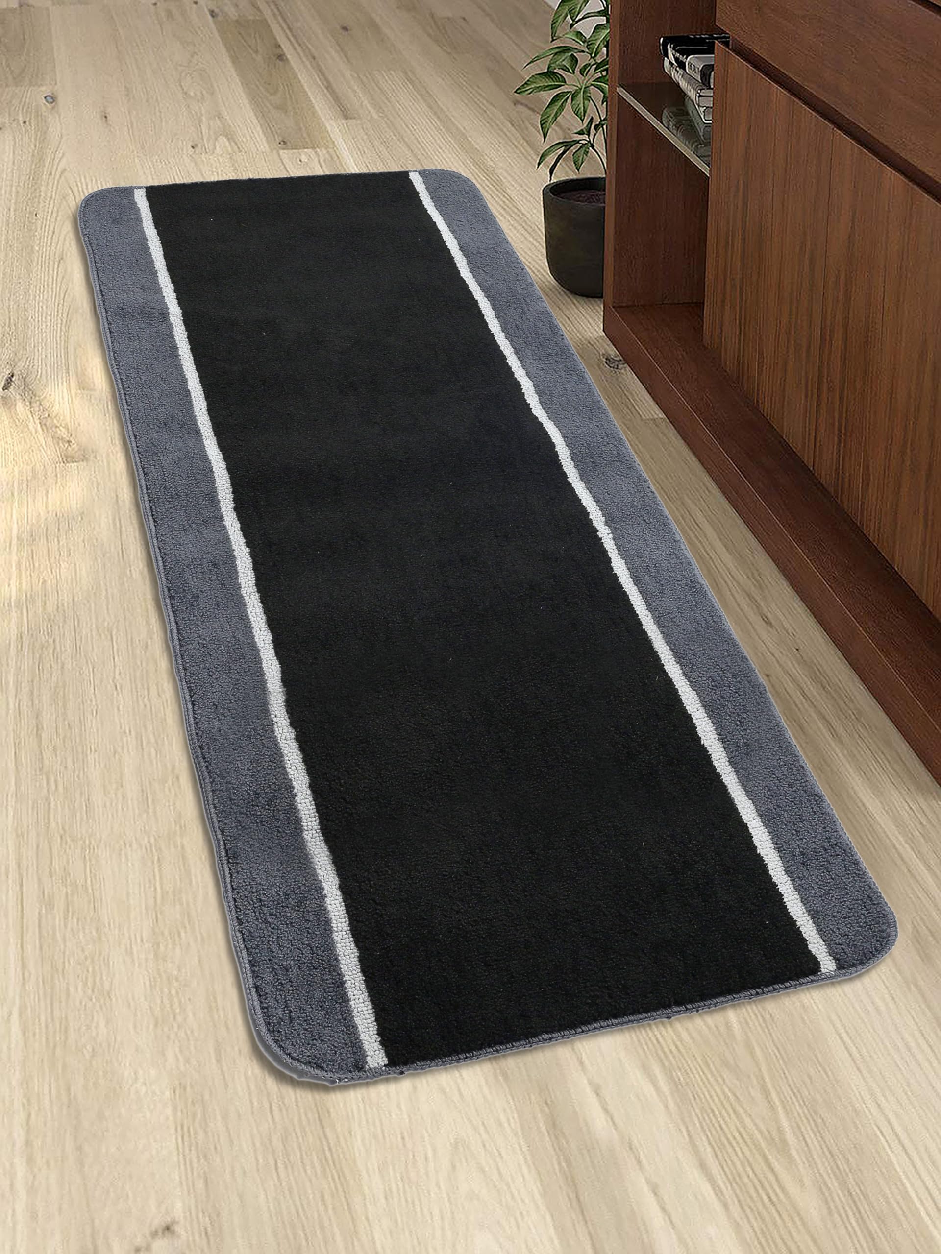 Saral Home Stripe Microfiber Durable & Washable Multipurpose Runner for Home/Kitchen/Living Area/Lobby/Office Entrance with Anti Skid Backing (Black, 60 Cm X 140 Cm) 1