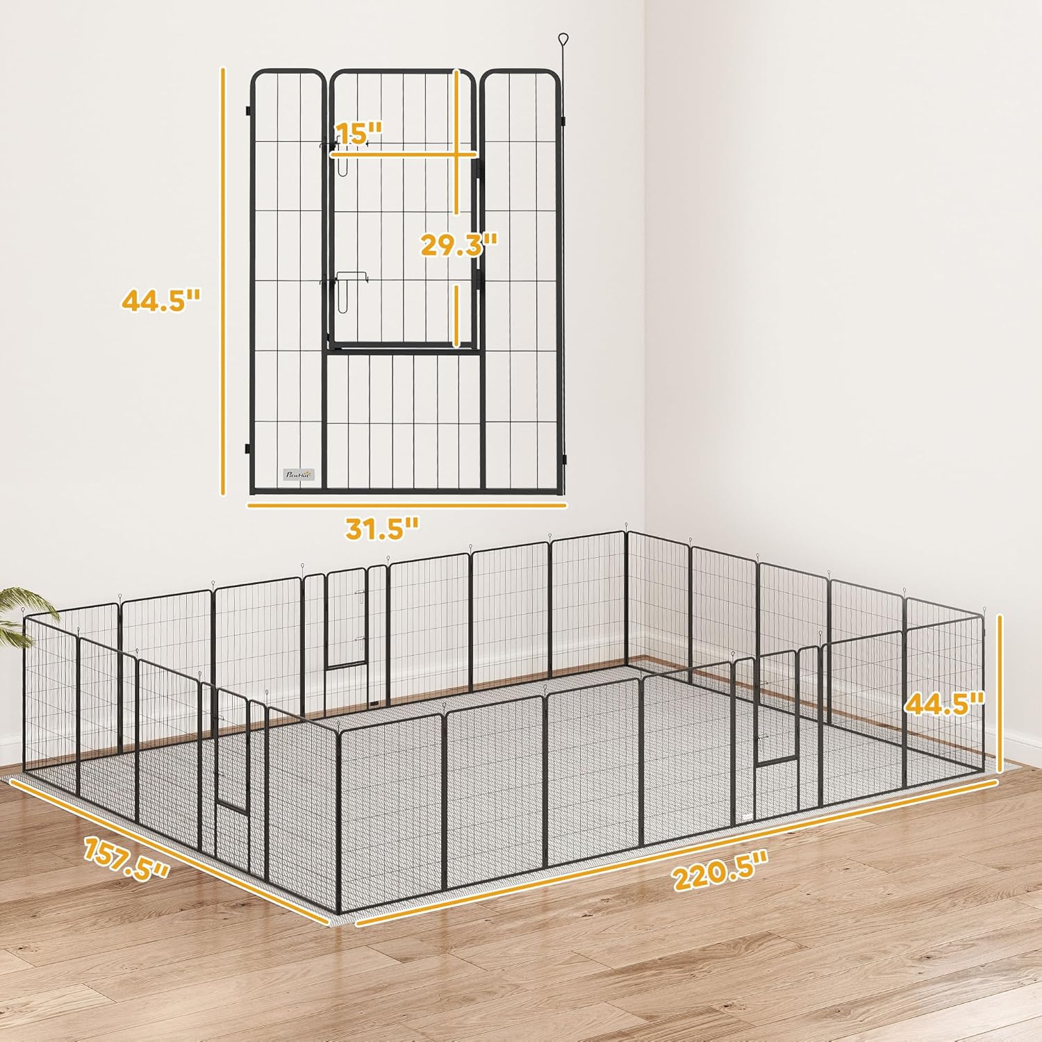 Detailed dimensions diagram of the playpen, showing panel height, door dimensions, and overall rectangular configuration.