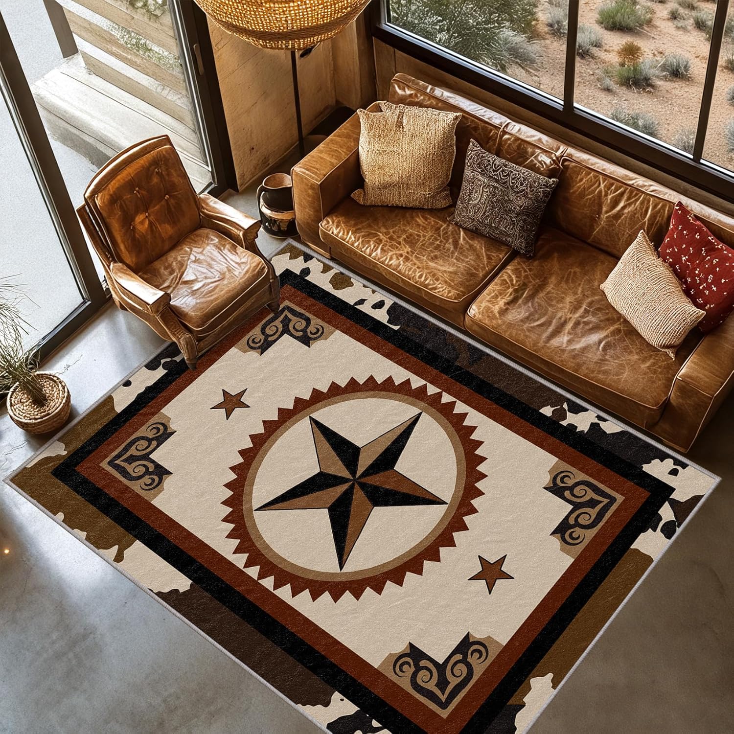 Western Rugs for Bedroom - Texas Star Rug, 2x3 Rug, Cowboy Cowhide Pattern Area Rugs, Vintage Southwest Farmhouse Door Mat, Washable & Non Slip & Soft Small Carpet Home Decor