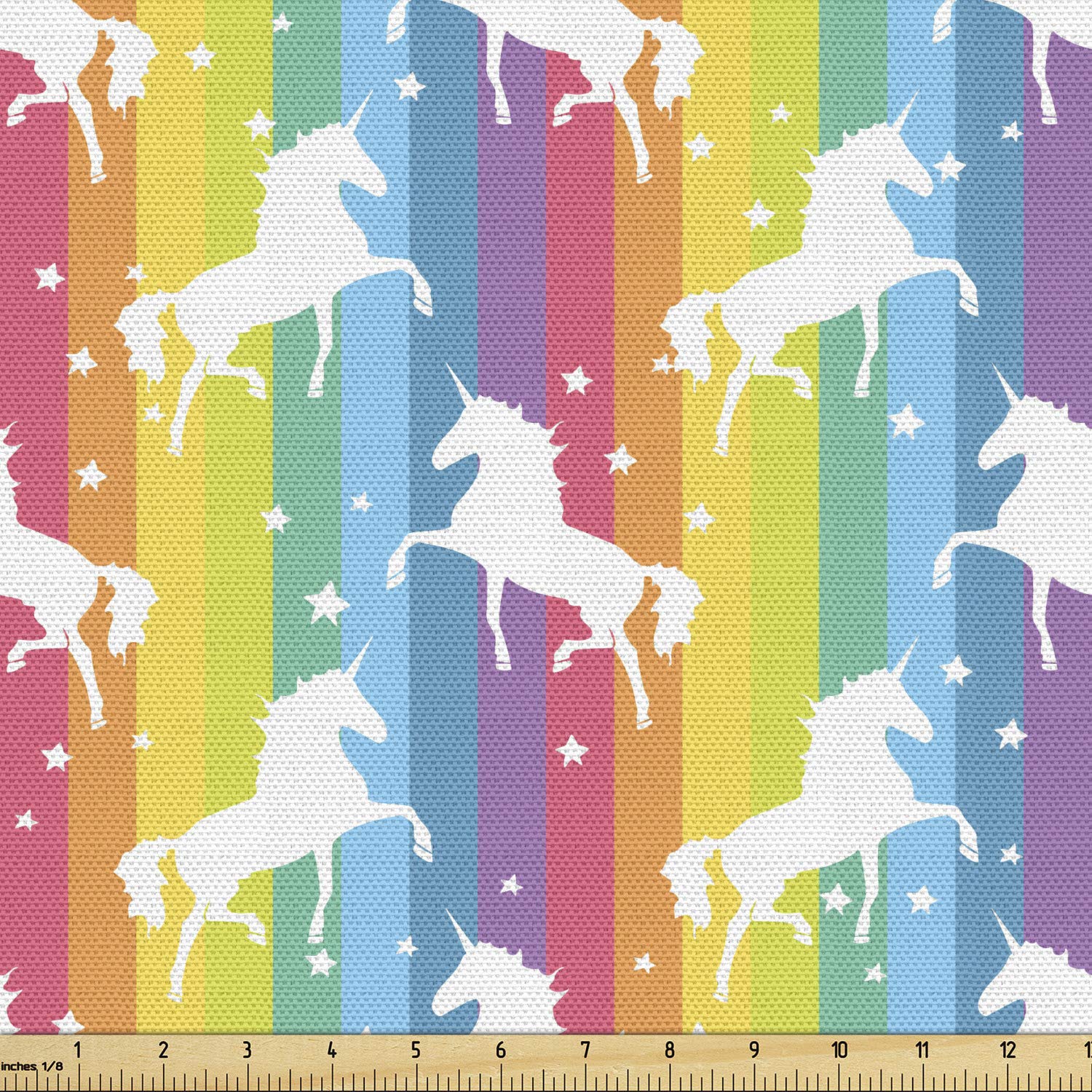 Ambesonne Unicorn Fabric by The Yard, Magic Ideas Theme Colorful Stripes Composition with Horses of Imaginary World Print, Decorative Fabric for Upholstery and Home Accents, 3 Yards, Pink Yellow