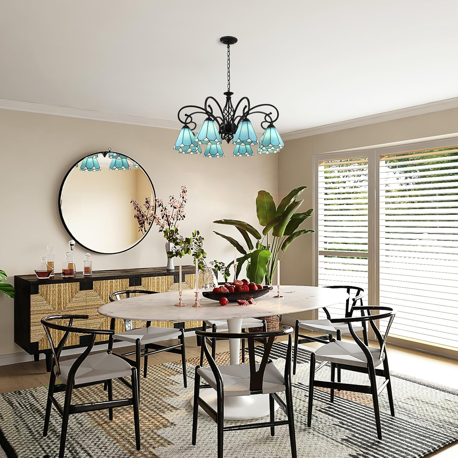 Stained Glass Pendant Light Fixture, Tiffany Style Hanging Light, Vintage Blue Glass Chandeliers for Living Room Dining Room (8 Lights)