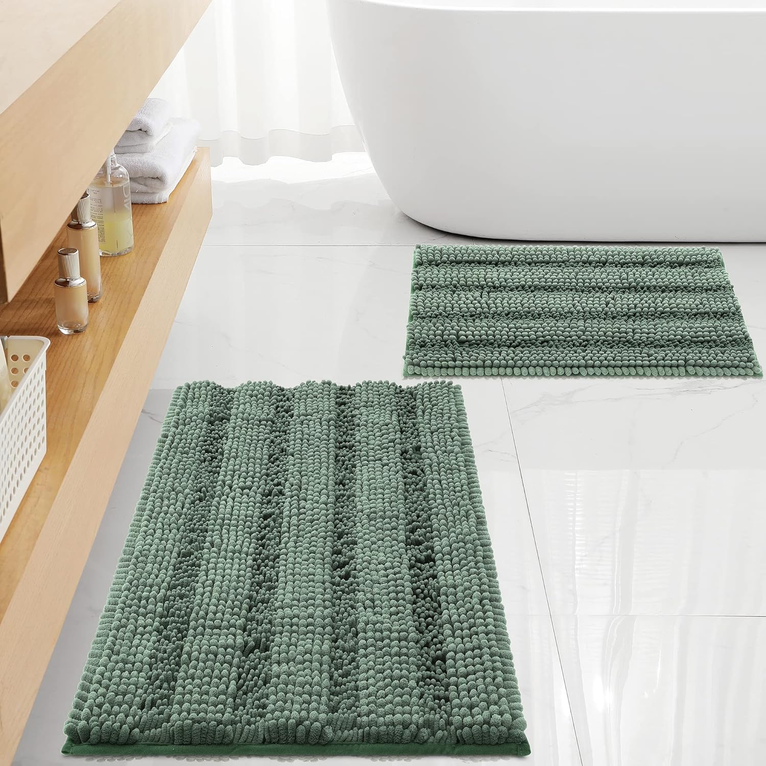 Non Slip Thick Shaggy Chenille Bathroom Rug Sets 2 Piece, Thickened Hot Melt Rubber Bottom Bath Mats for Bathroom, Bath Rugs Quick Dry Machine Washable for Shower (Sage Green, 32"x20" Plus 17"x24")