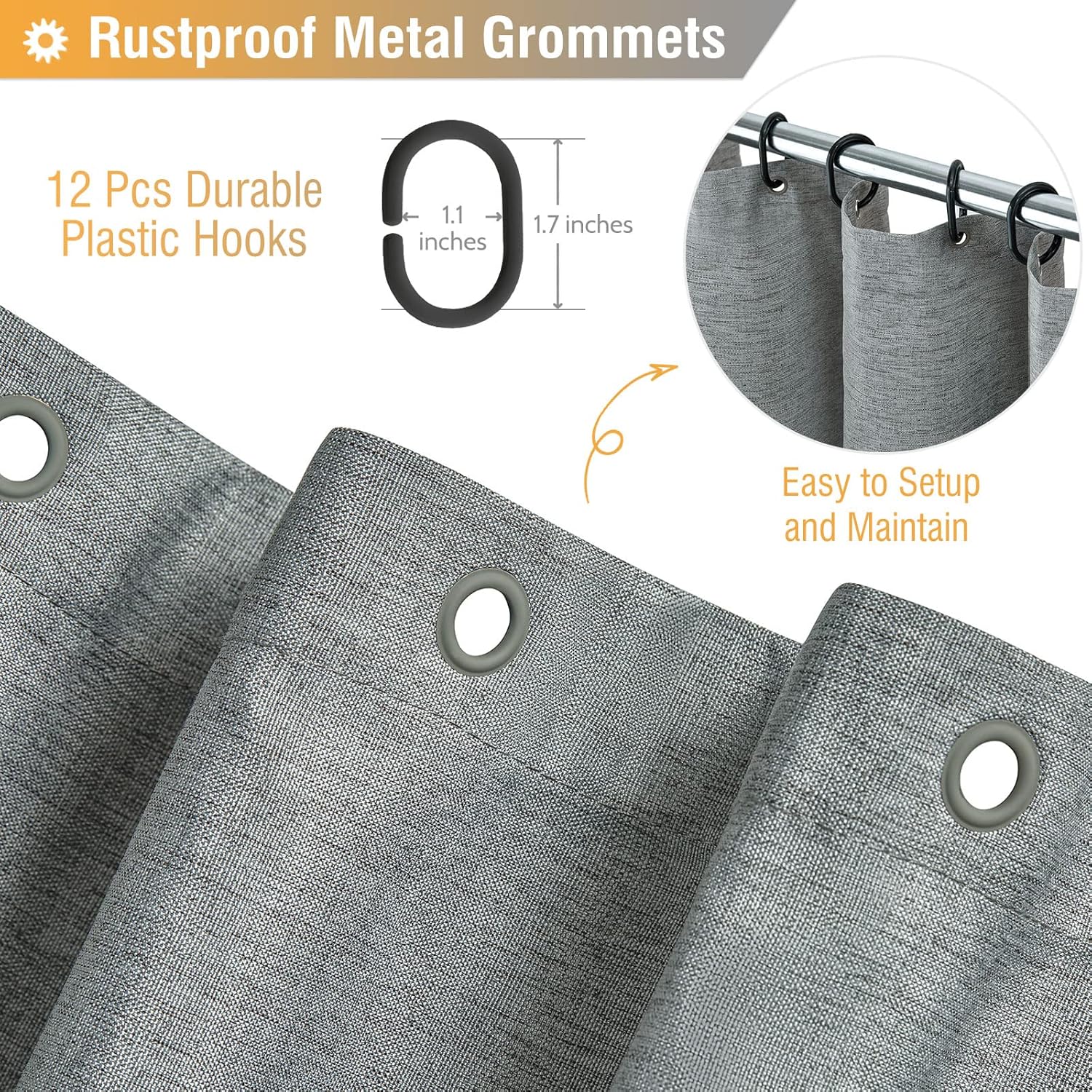 BTTN Grey Fabric Shower Curtain, 230GSM Linen Textured Heavy Duty Cloth Shower Curtain Set with Hooks, Waterproof Neutral Weighted Hotel Luxury Decorative Shower Curtains for Bathroom(Gray, W72xH72)