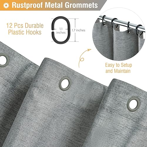 Miniatura 3 de BTTN Cortina de ducha de tela gris, juego de cortina de ducha de tela texturizada de lino resistente de 230 GSM con ganchos, impermeable, neutro,