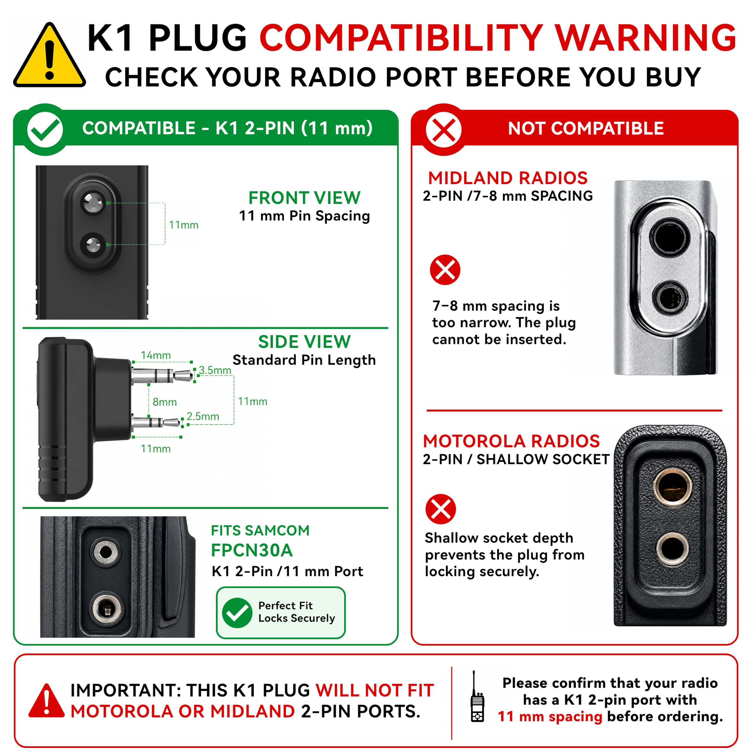 SAMCOM Auricular inalámbrico con dongle de 2 pines para radios FPCN30A/FPCN10A, auriculares inalámbricos manos libres con micrófono PTT para walkie talkies K Plug - Radios no incluidas