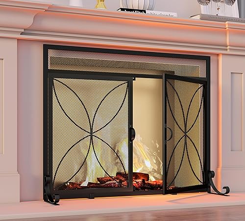 Miniatura 2 de Fire Beauty Pantalla de chimenea con puertas magnéticas, pantalla de metal grande para el hogar, protector de chispas de pie, fuegos de horno de