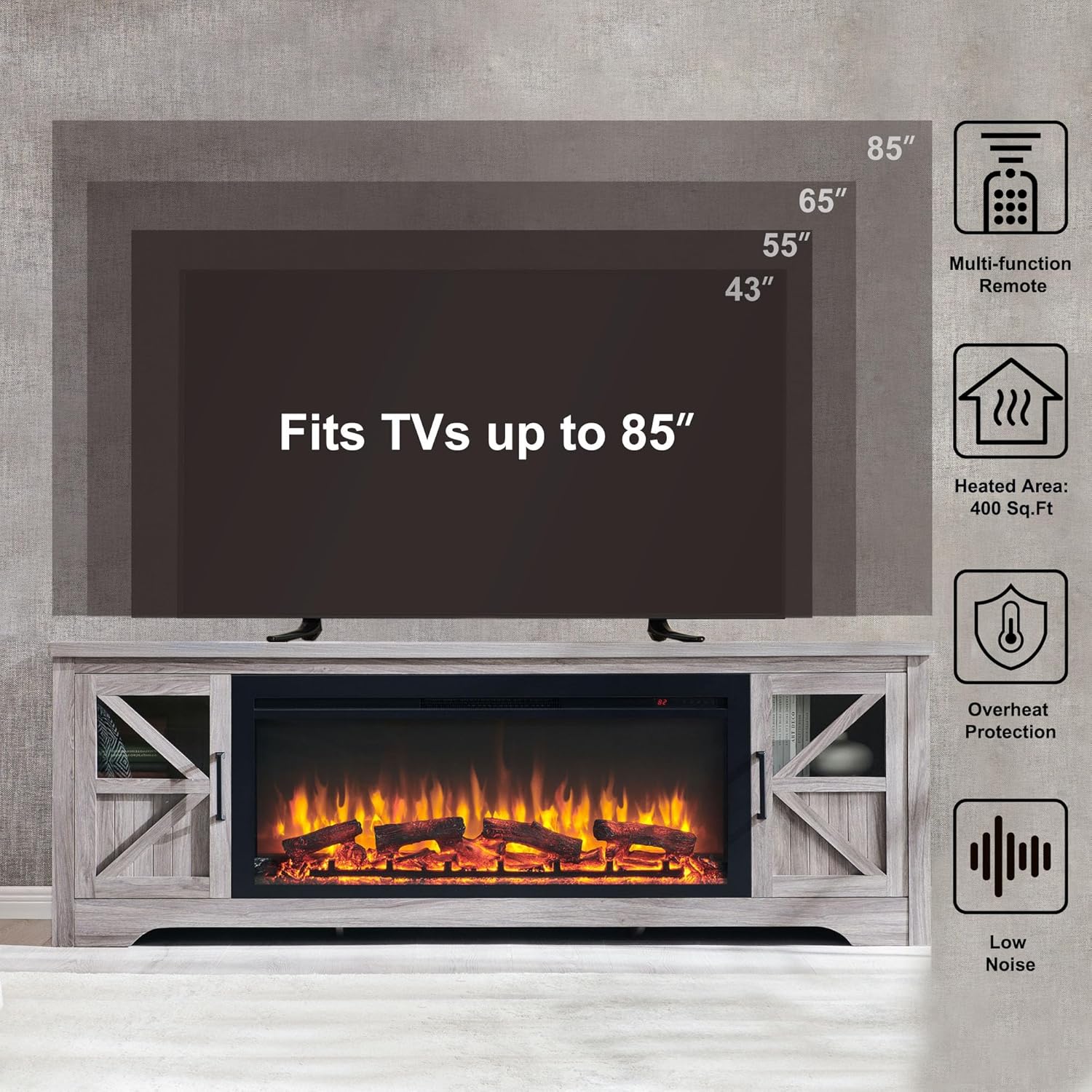 75" Farmhouse Fireplace TV Stand for TVs up to 85", Rustic Entertainment Center with 44" Fireplace Heater, Adjustable Storage Cabinets, Barn Door TV Console with Fireplace, Gray