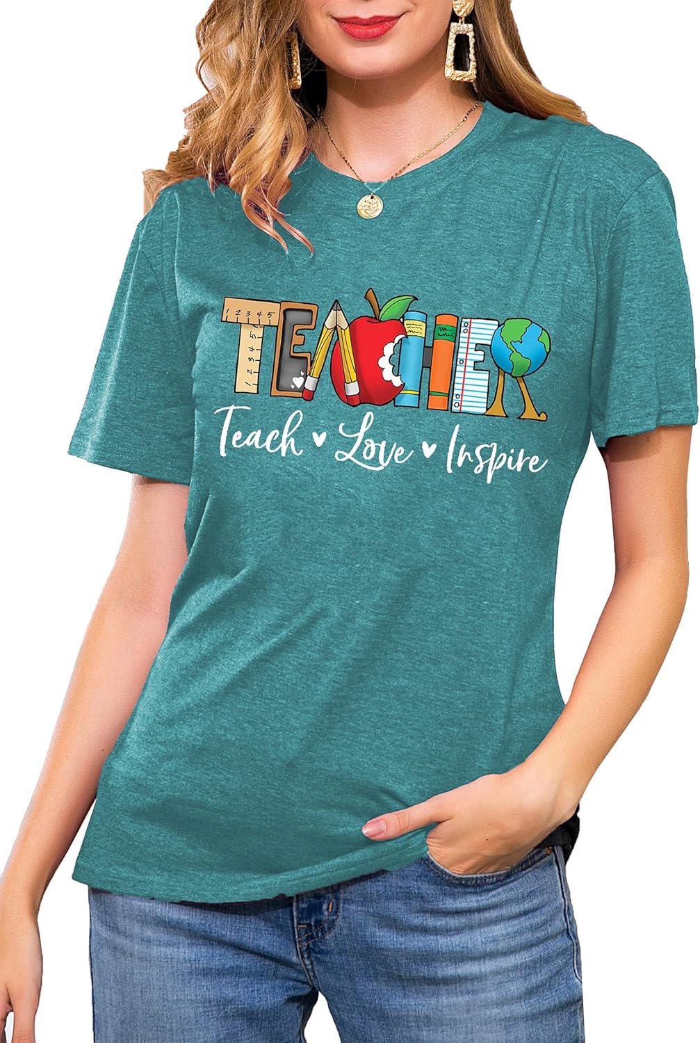Teach T Shirt for Women Teacher Graphic Tees Tops Teach Inspire Letter Print Shirts Tops - Image 2
