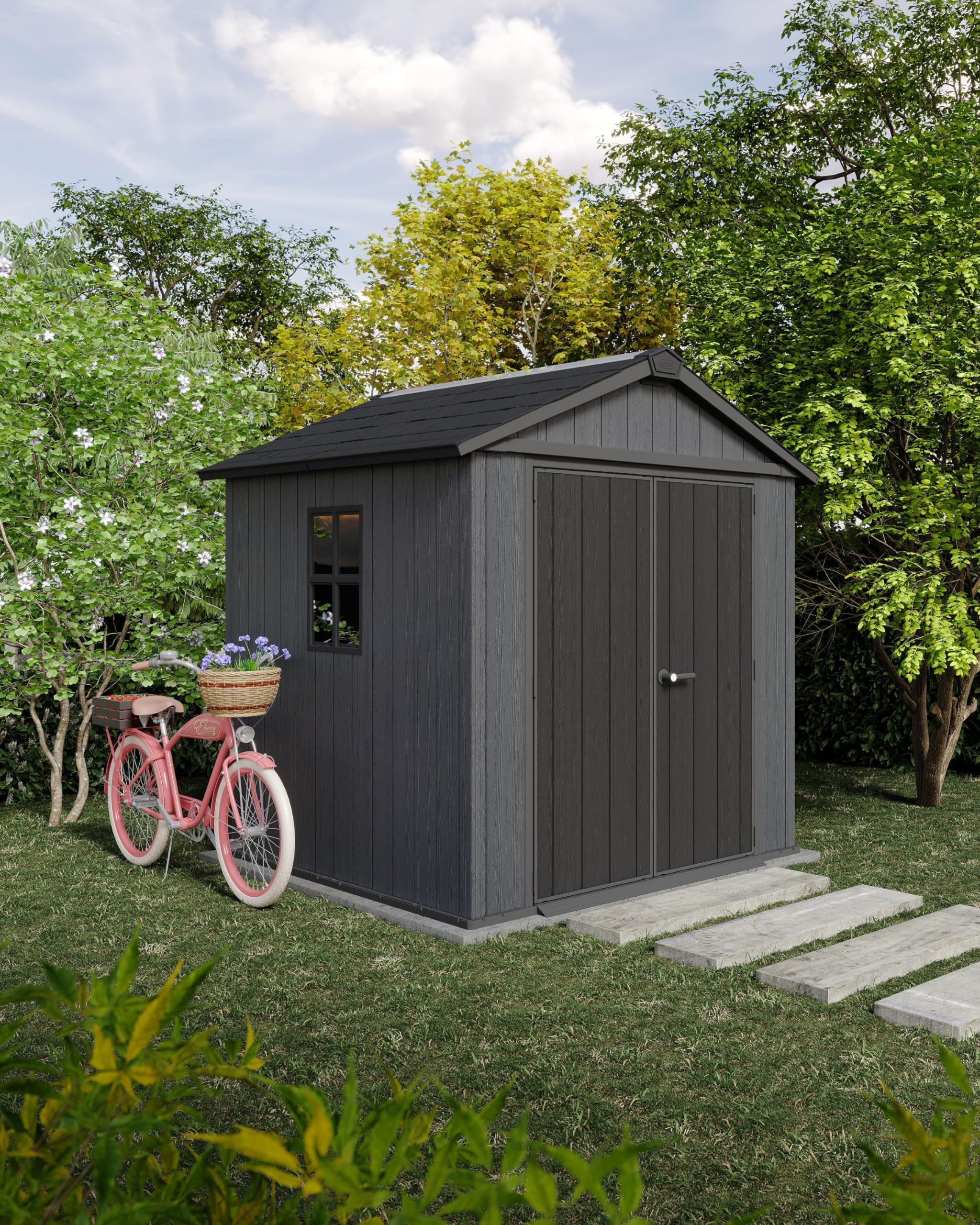 Keter Gerätehaus Newton 757, 223,8 x 230 x 246 cm, 4,4 m², schiefergrau, vielseitig nutzbar, mit Belüftung und abschließbarer Doppeltür
