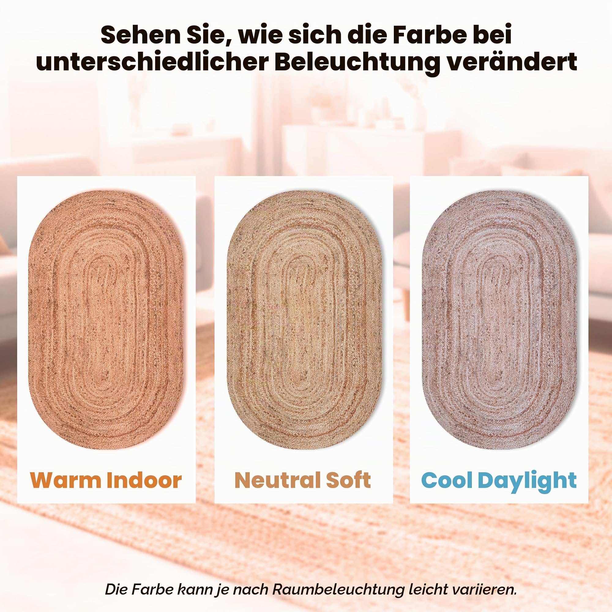 Craft Trade Handgewebt Natur Boho Jute Teppich Reversibel Geflochten Waschbarer Oval Juteteppich für Küche Wohnzimmer und Schlafzimmer- 90x150 cm
