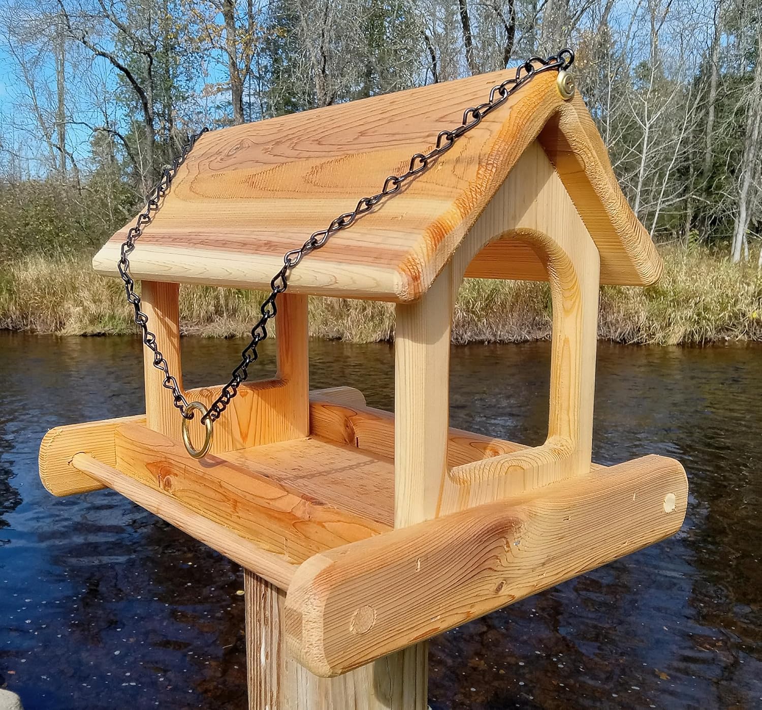 14 Inch Hanging Cedar Wood Arched Fly Through Platform Bird or Squirrel Feeder for Outdoors