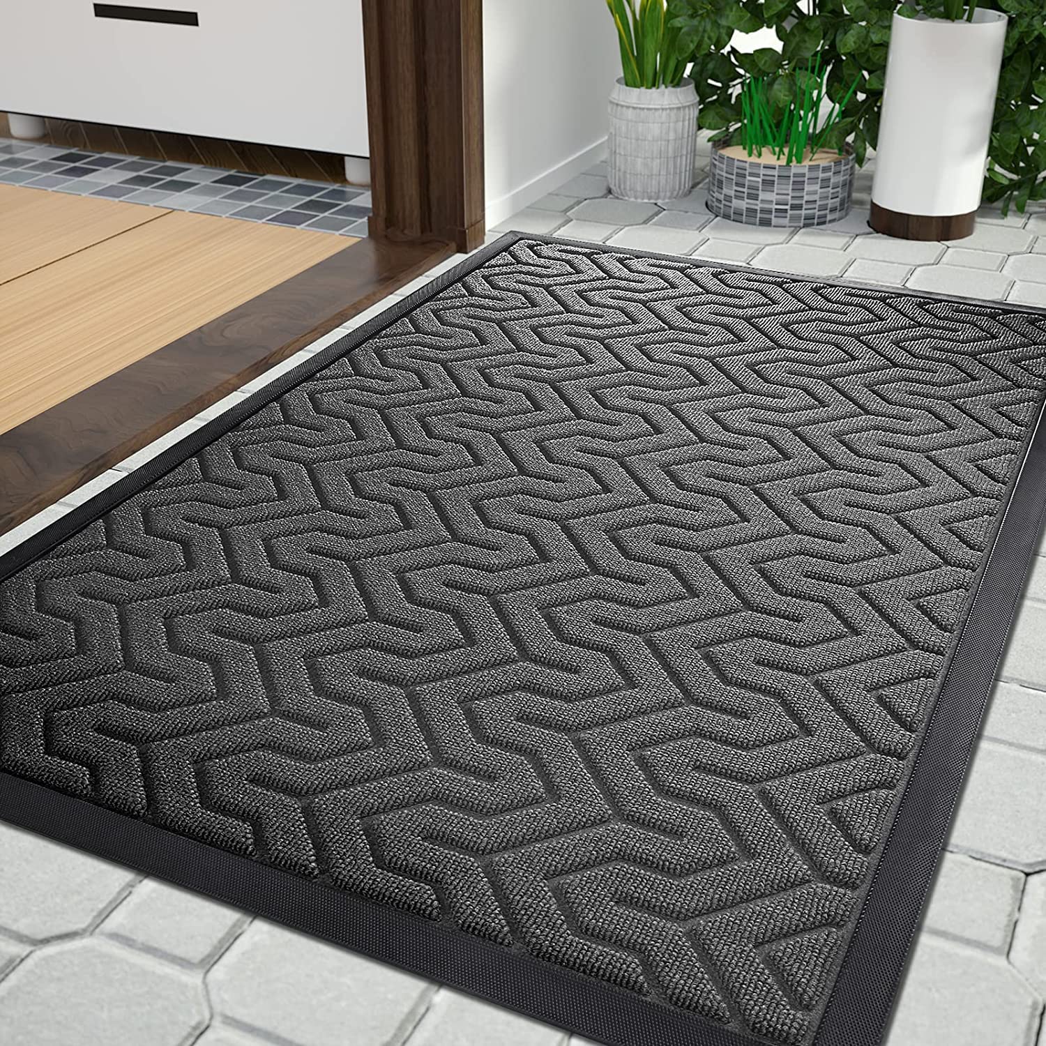 Yimobra Felpudo resistente todo año, para puerta delantera, entrada casa, garaje y jardín, goma natural antideslizante, no destiñe, gris, 92 x 61 cm