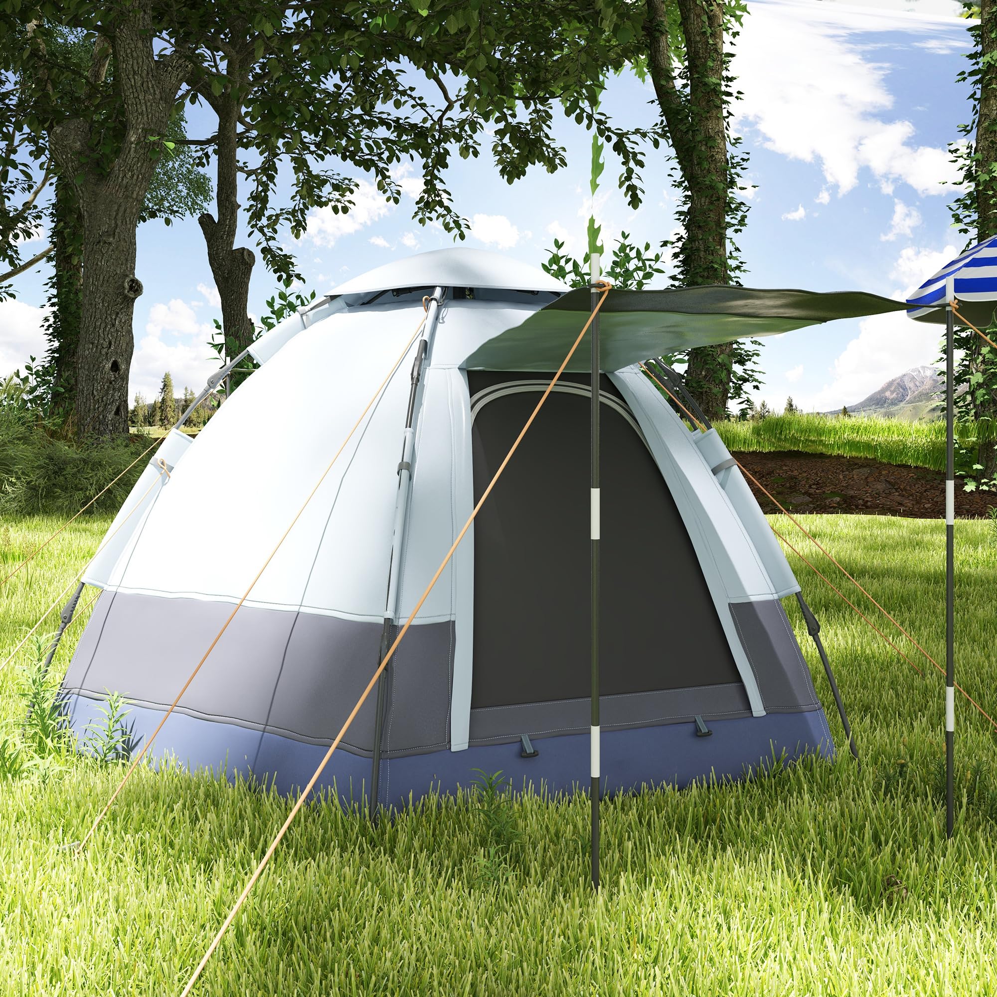 Outsunny Tienda de Campaña para 3-4 Personas Tienda de Camping Plegable con 2 Puertas Impermeable 3000+ Anti-UV Poste Automático Gancho y Bolsas para Senderismo Playa 260x260x150 cm Gris y Negro