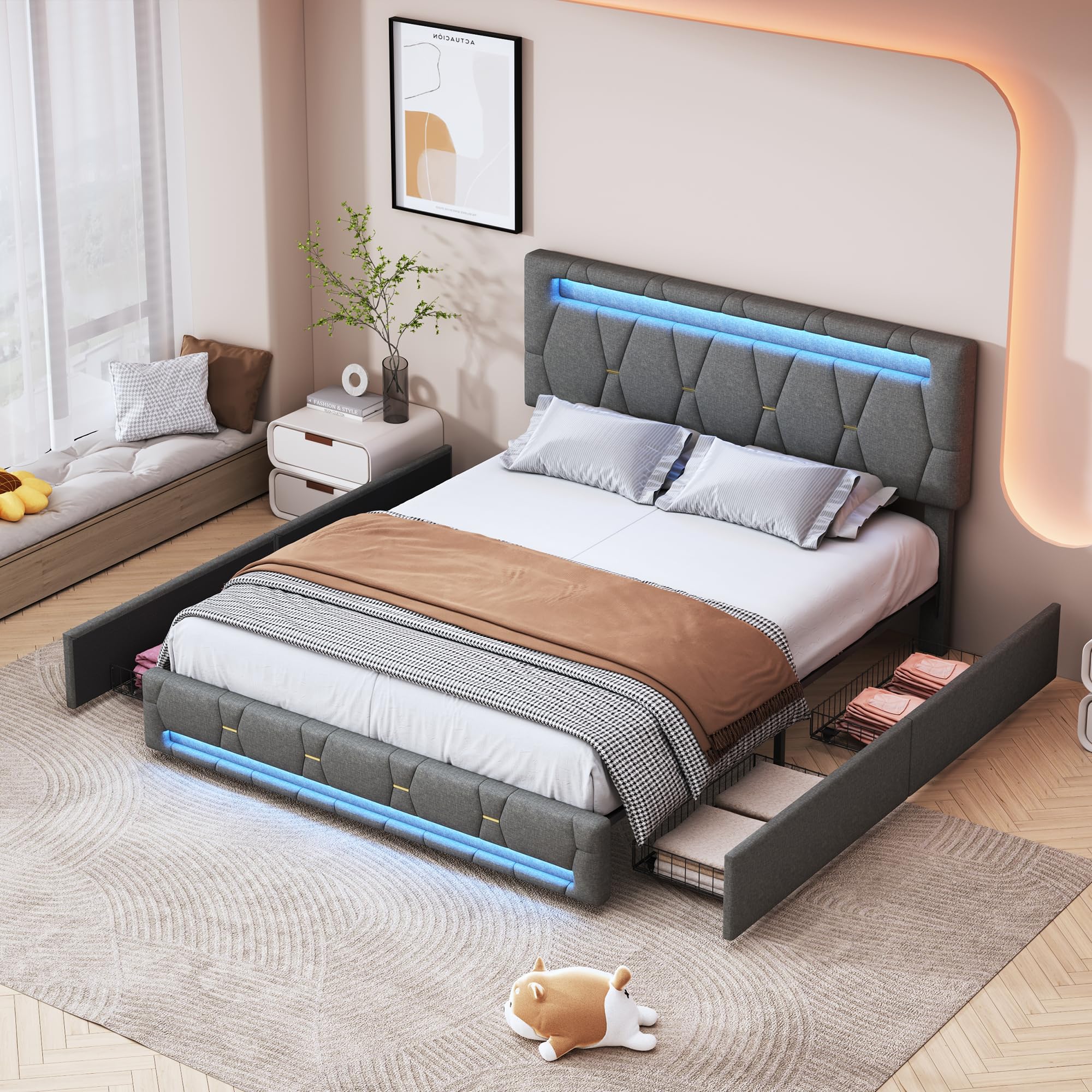 Letto matrimoniale imbottito 160×200 con comodino, lampada da lettura e funzione di ricarica USB Type-C, sistema letto contenitore con rete a doghe in legno massello e metallo, tessuto velluto a coste