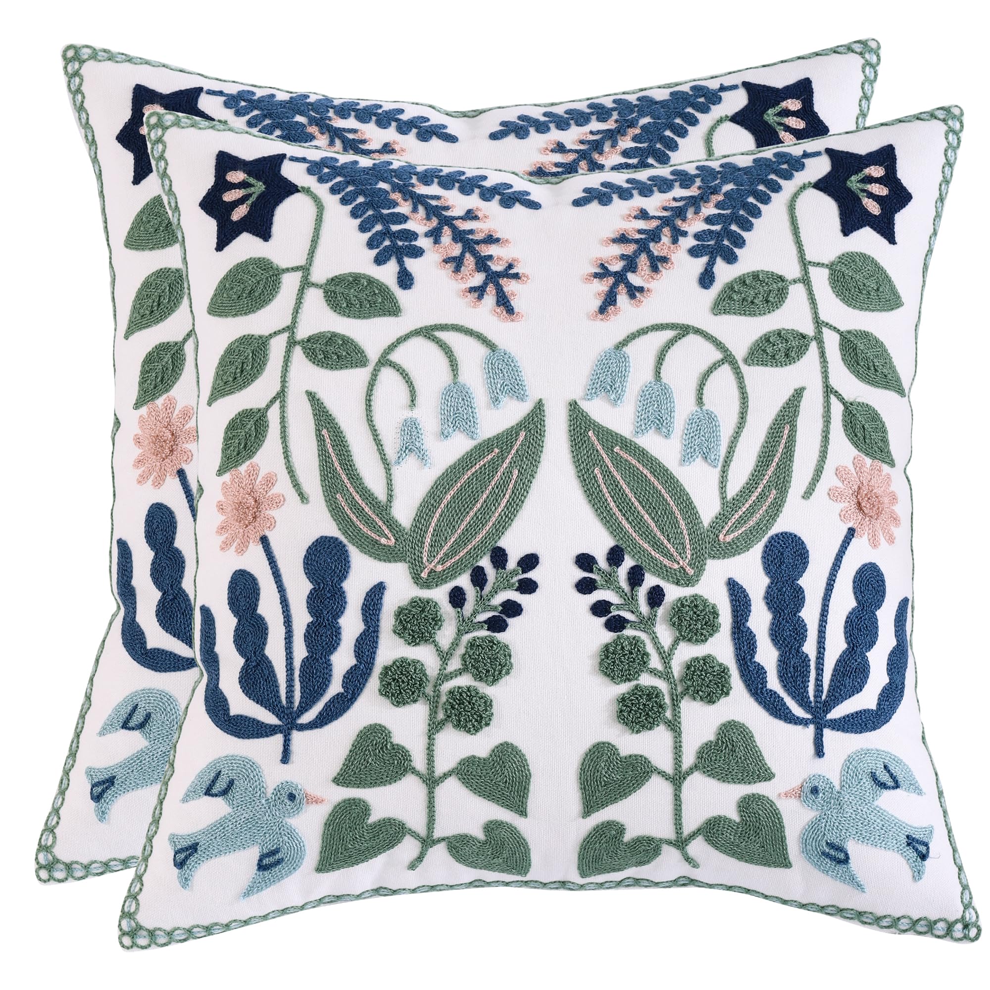 Tosleo Embroidered Decorative Throw Pillow Covers 18x18 inch Pack of 2 Green Leaves with Birds Floral Pillowcases Farmhouse Pillow Cushion Cases Home Decor Square Blue Flower Pillow Case