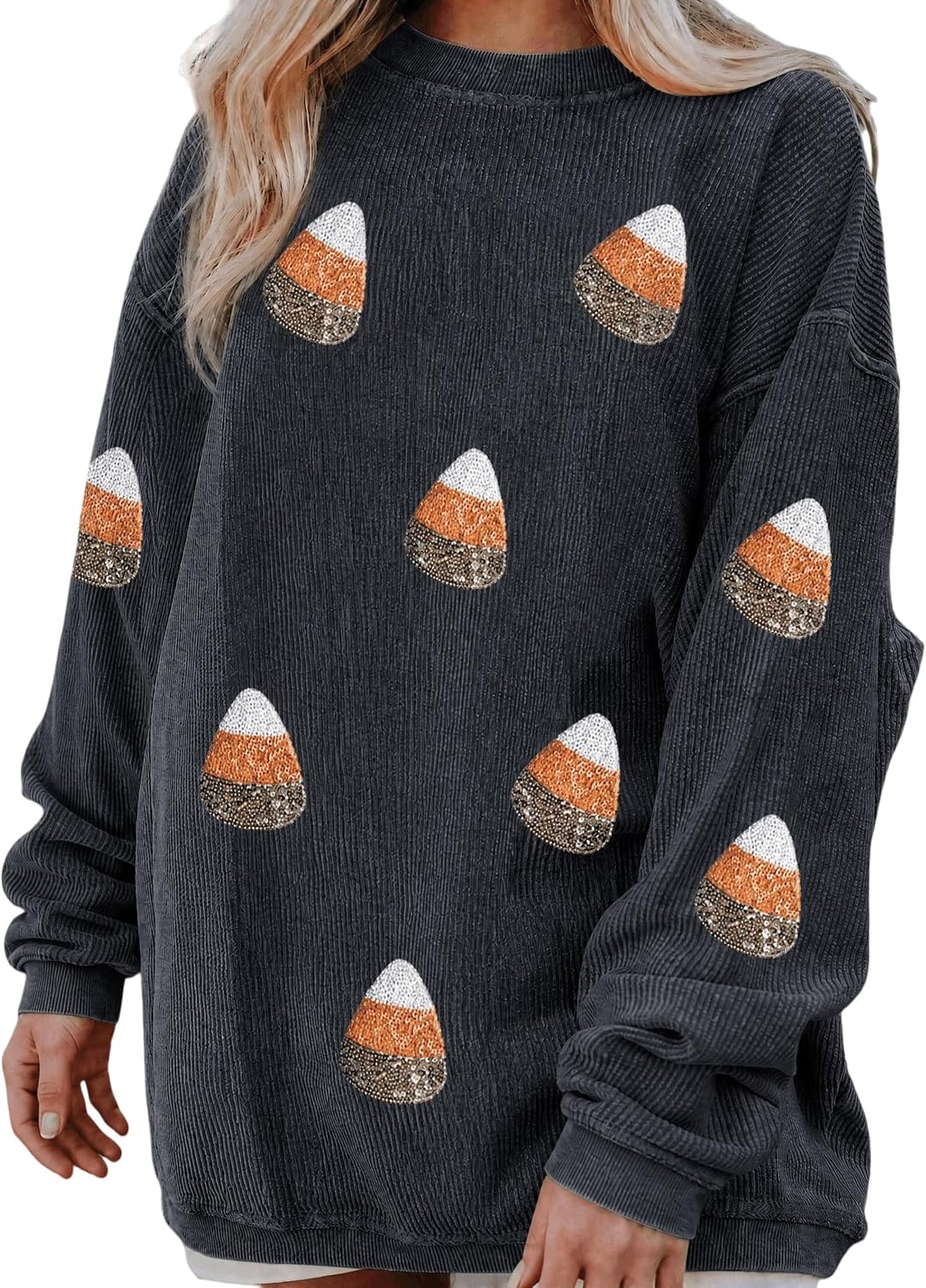 Halloween Shirts for Women Sequin Pumpkin Corded Sweatshirt Oversized Crewneck Pullover Top