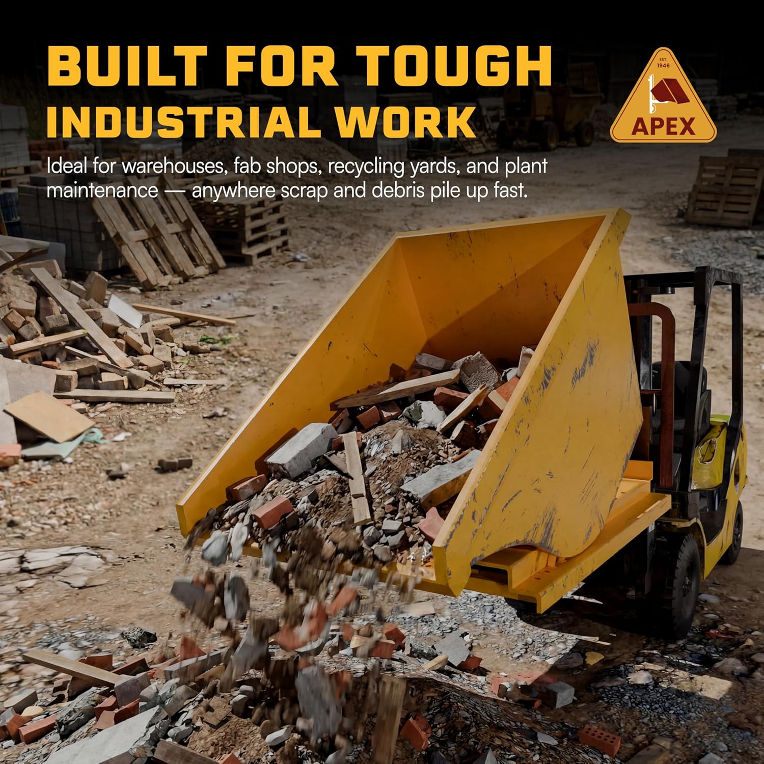 Apex Heavy Duty Self-Dumping Hopper, 1/2 Cubic Yard Capacity, 6000 lb Load Rating, Compact Reinforced Steel Tilt Skip with Watertight MIG-Welded Body for Forklift Scrap Handling, Made in USA