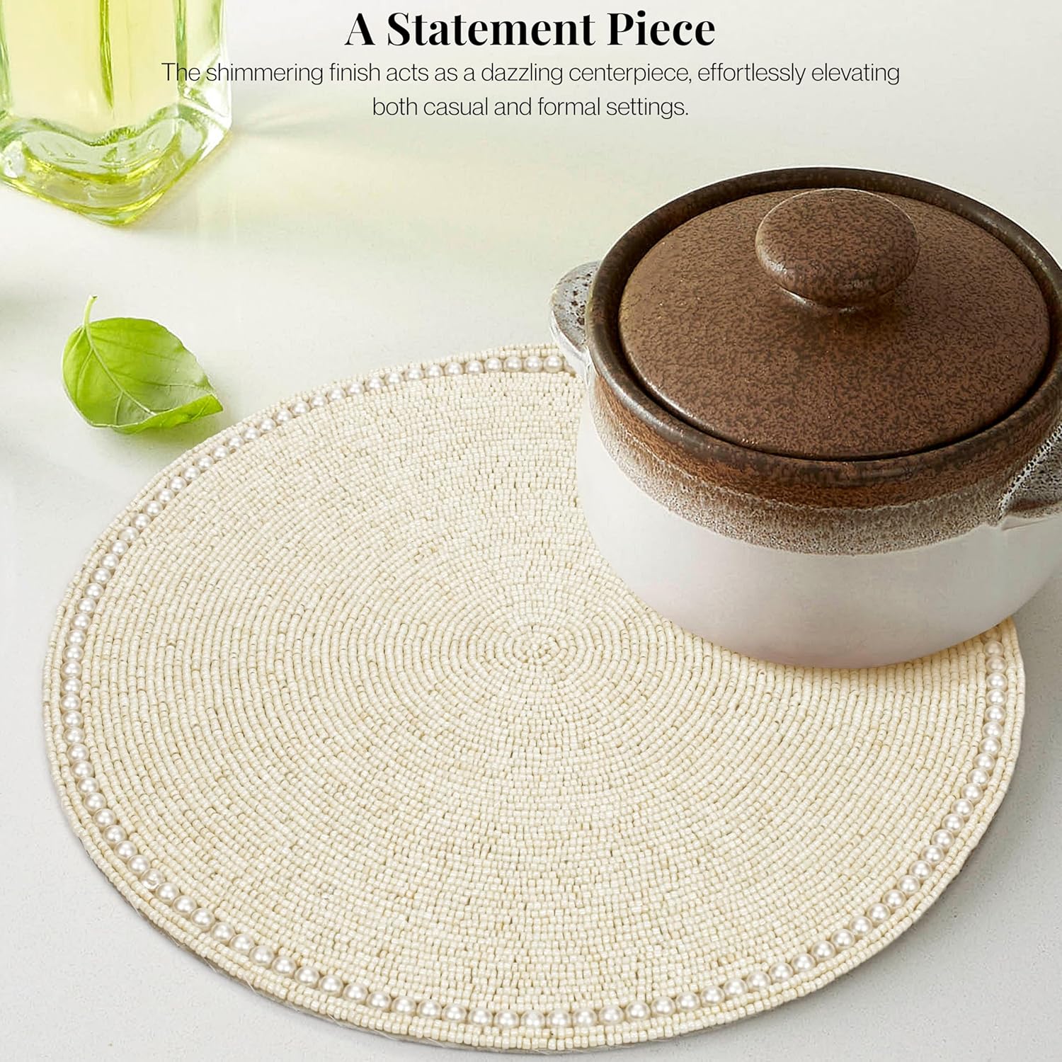 Exquisite Round Beaded Placemats - Handmade Beaded Table Mat Non-Slip Polyester Backing for Dining Table Decor, Kitchen, Parties, Family Meals Pack of 2 (Ivory) - ALPHA Living HOME