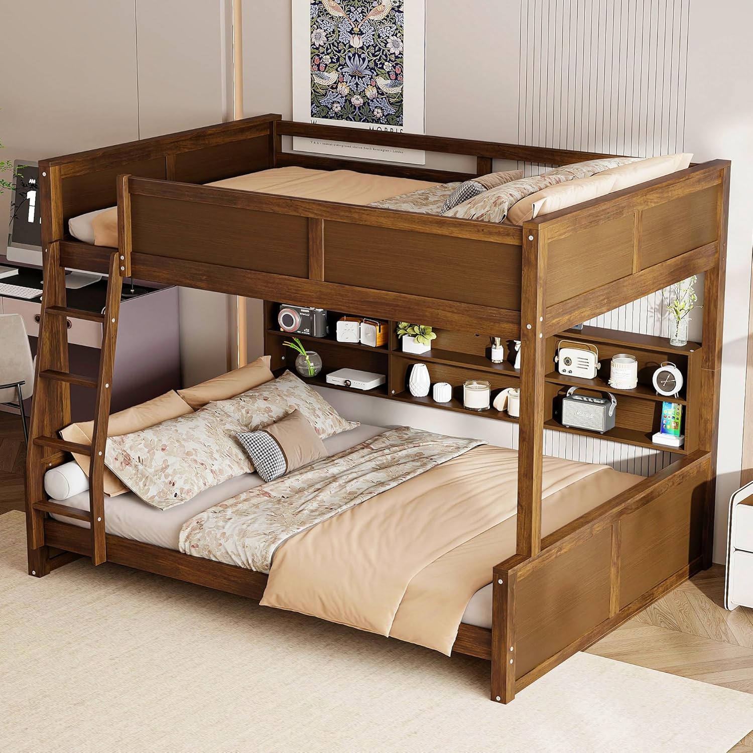 KLMM Modern Full XL Over Queen Bunk Bed with Storage Cabinets and USB Ports,for Kids Teens Adults Bedroom Use (Antique Wood#c, Full XL Over Queen)