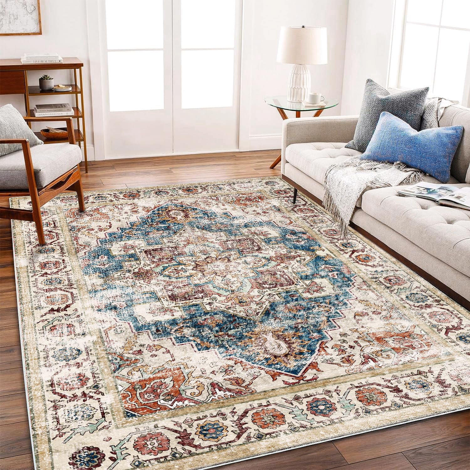 CHAMPLANT Washable Area Rug 10'x14' Beige Blue Boho Chic Medallion Distressed Design Non-Shedding Easy Care Ideal for High Traffic Areas in Living Room Bedroom Office Coffee Table Large Carpet