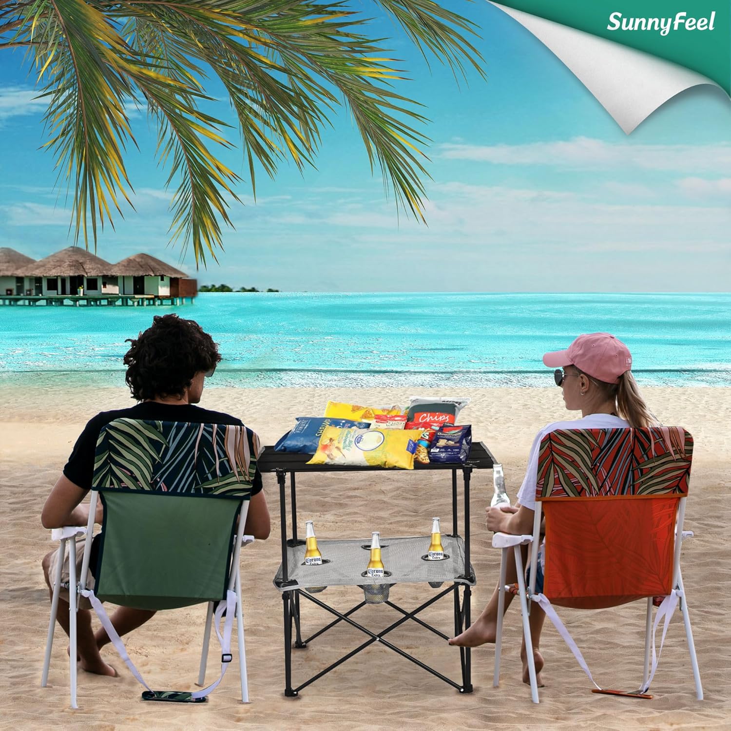 SUNNYFEEL Folding Camping Table- Collapsible Portable Beach Table with 4 Cup Holders & Carry Bags, Tailgate Table for Outdoor Excursion Picnic Hiking Fishing Travel Parties, Black