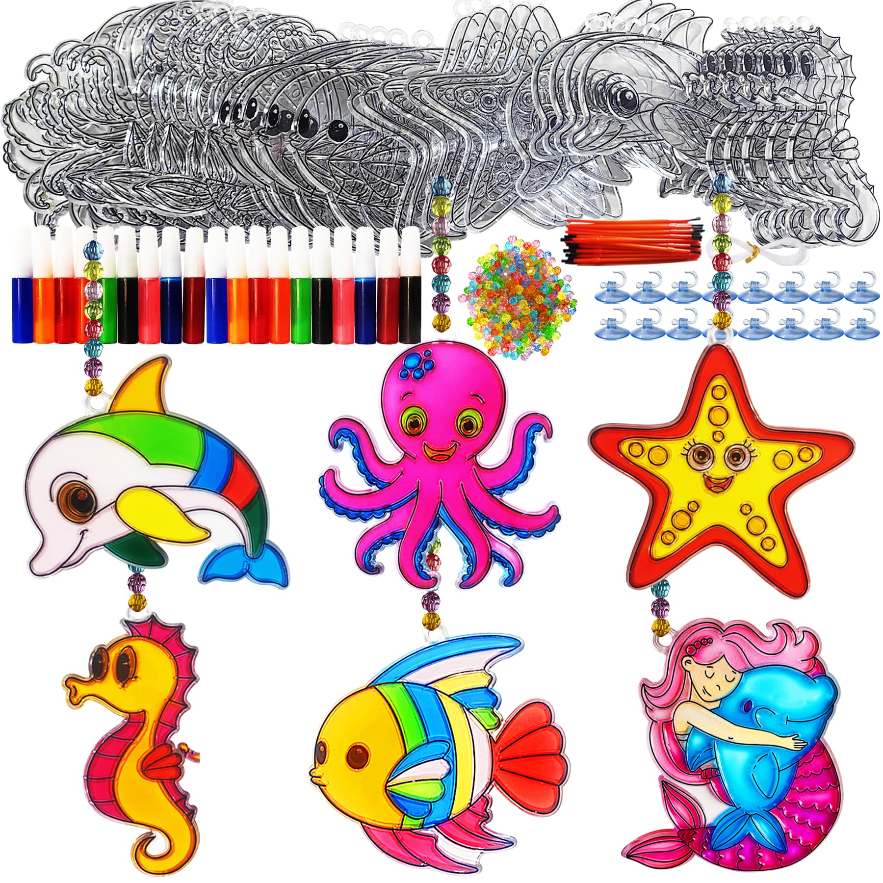 Ayhuhra 30 Sets Ocean Animals Suncatcher Crafts Under The Sea Sun Catchers Kits DIY Summer Window Paint Art for Sea Theme Party Home Decor