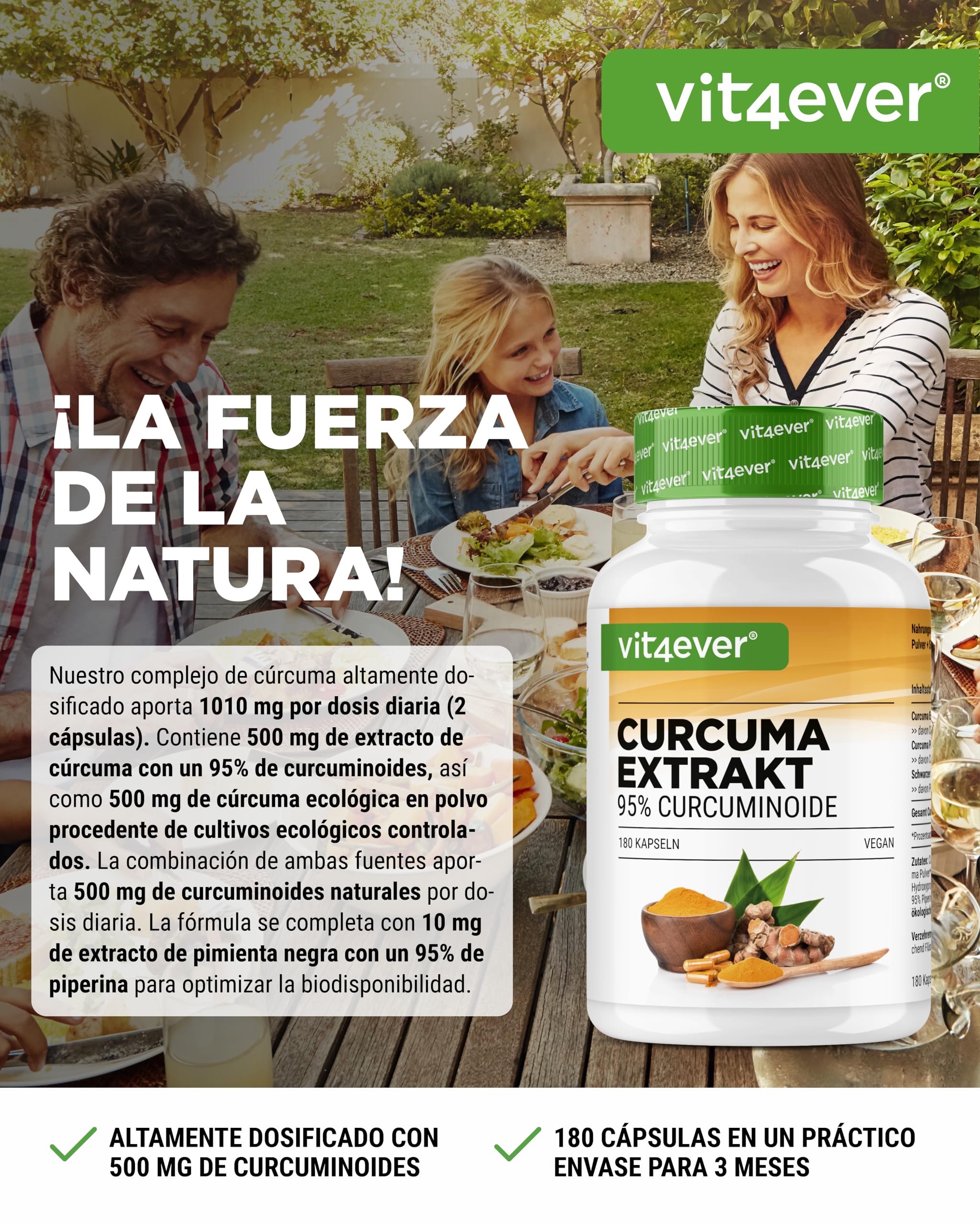 vit4ever Extracto de Cúrcuma de alta dosis - 180 Cápsulas - 500 mg de Curcumina por porción diaria - 95% de Curcumina – Premium Extracto de Kúrkuma high dose - Vegano, sin aditivos innecesarios