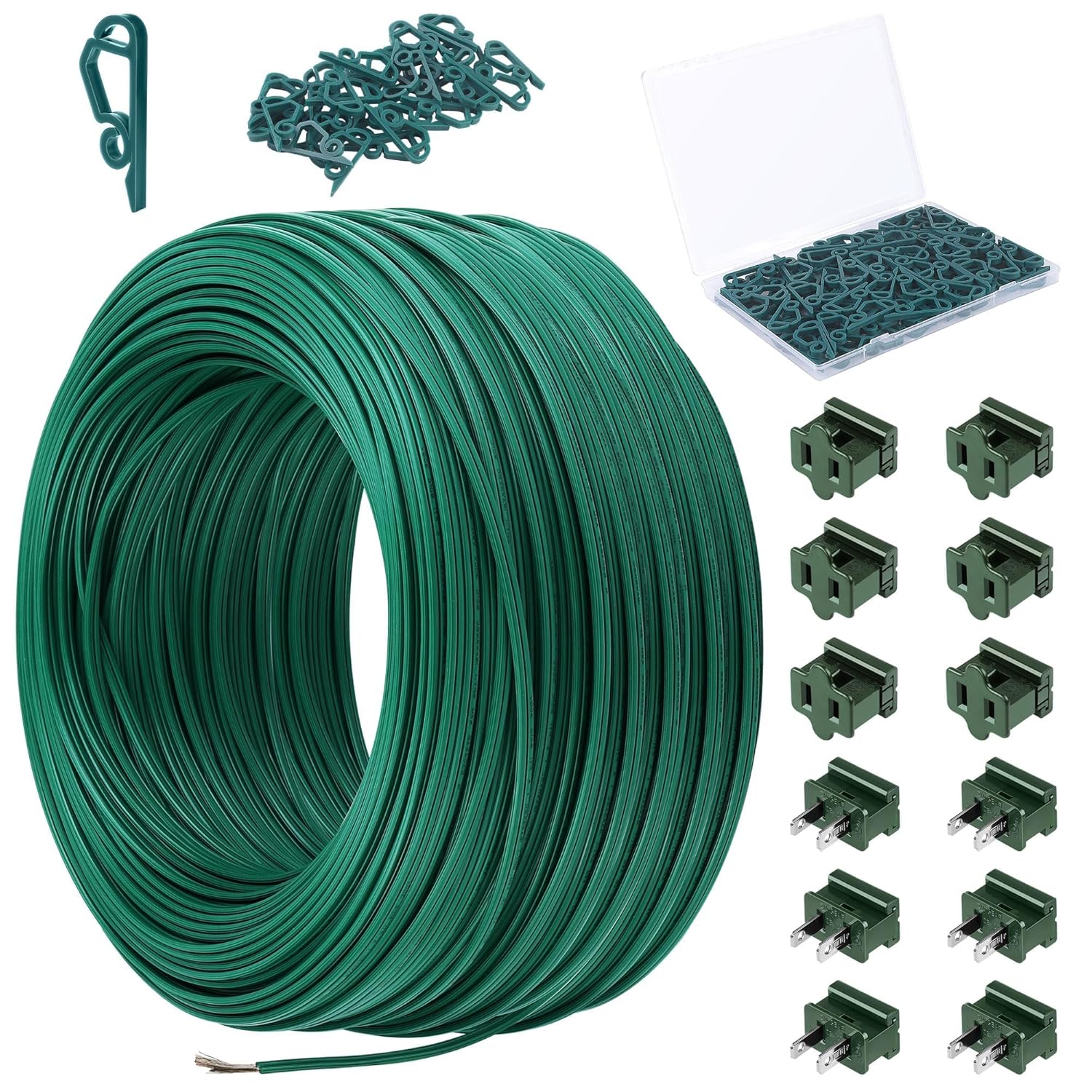 Fovths 120 Ft Christmas SPT-2 Electric Wire, 113 Pcs SPT-2 Zip Cord Wire Set with Plugs (Male & Female) and Light Clips, 18 AWG Green Flexible Lamp Cord for Christmas Indoor Outdoor Lighting