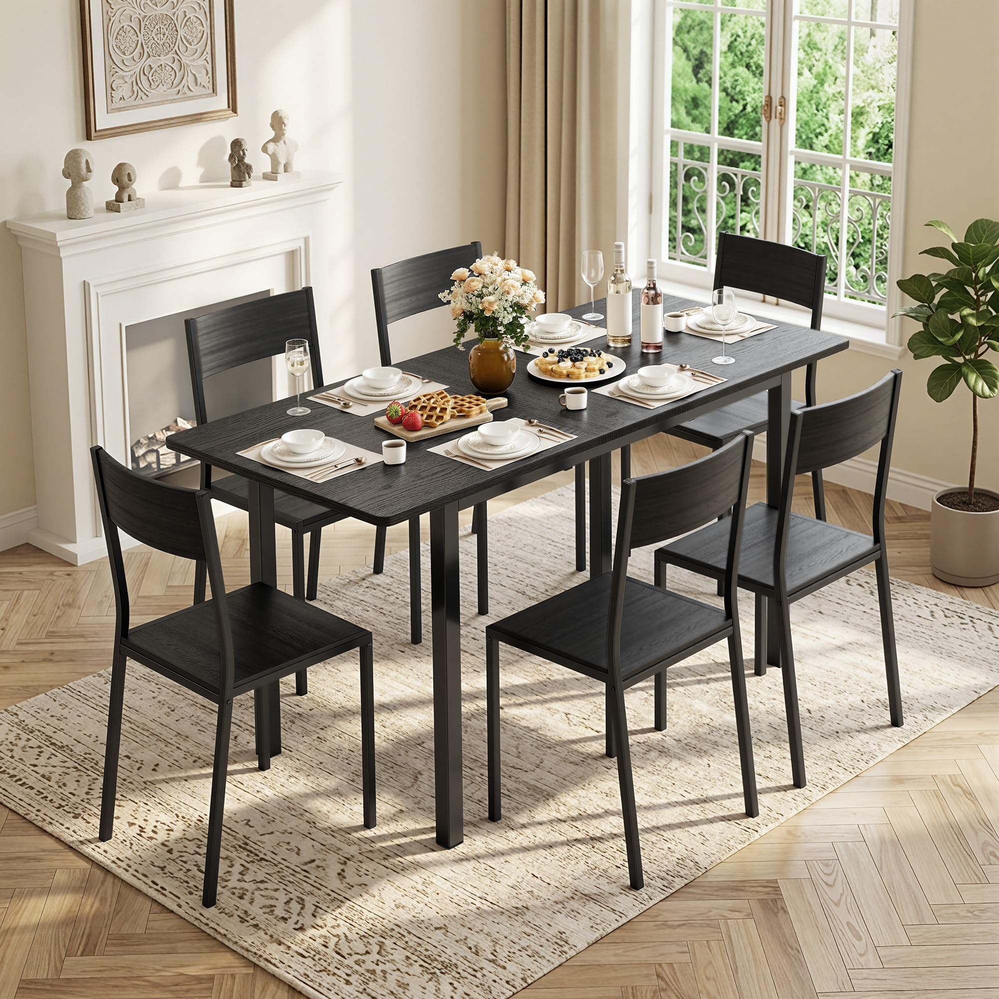 Xbro Conjunto Mesa y Sillas 6 Personas Extensible, Mesa Comedor con 6 Sillas, Ahorro de Espacio, Estructura Metálica Estable, Fácil de Montar, Cocina Comedor 110–140 cm