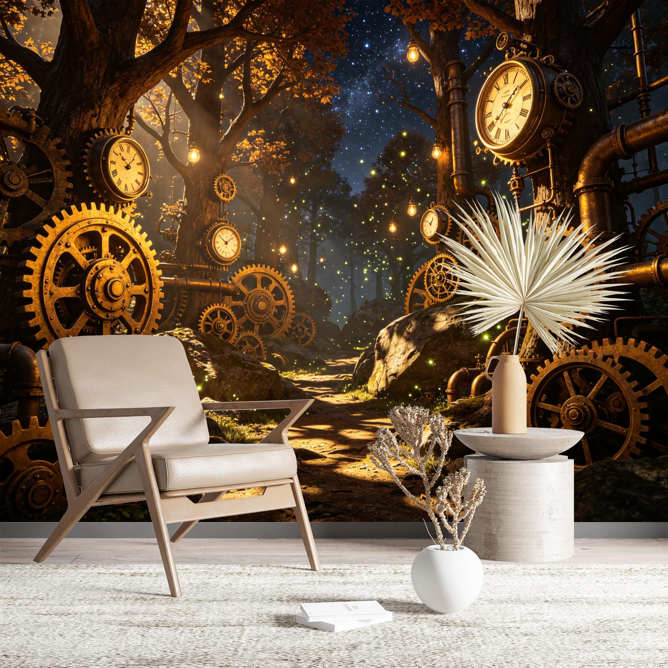 Custom Size Wall Murals Steampunk Forest with Clocks and Gears Large Photo Wallpaper Self-Adhesive Wall Fabric (NO PVC) Removable Wallpaper for Living Room