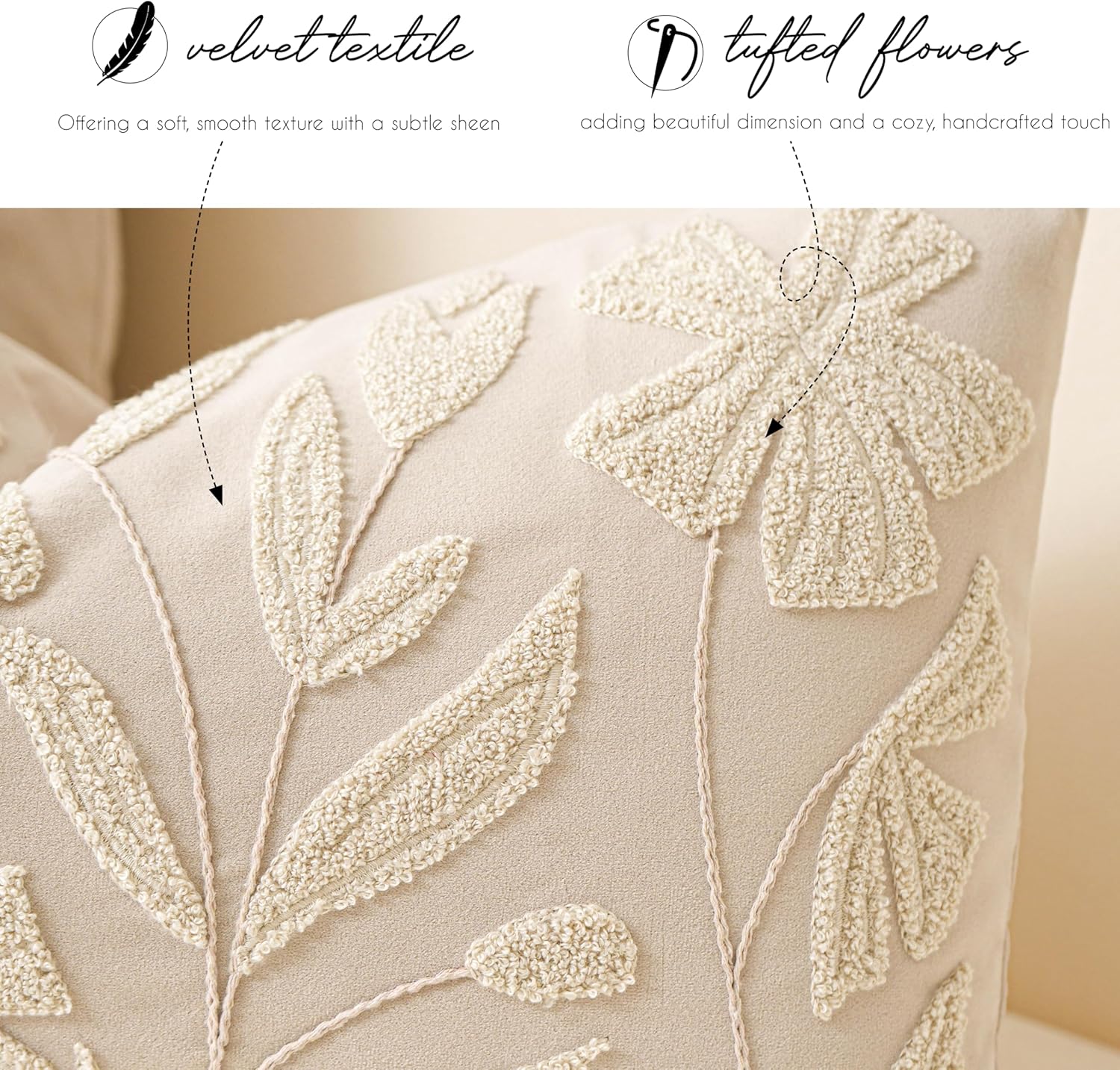 BlissBlush 14x36 Lumbar Pillow Cover for Bed, Rectangular Decorative Long Throw Pillowcase, Embroidered Farmhouse Accent Cushion, Beige Neutral Floral Tufted (Cover Only)