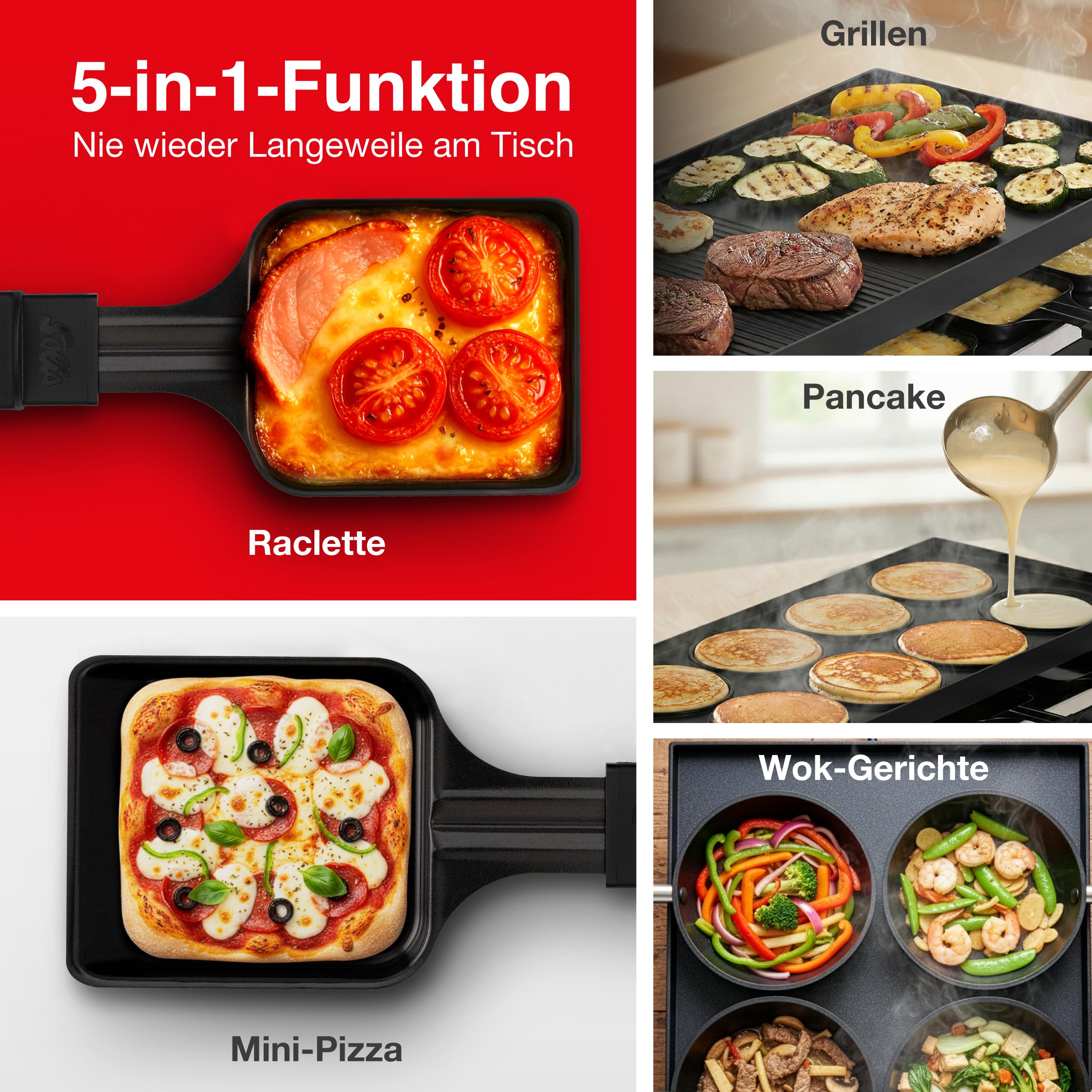 Solis 5in1 Tischgrill mit 1400 W, Elektrischer Grill für 8 Personen, Indoor Grill mit Raclette- und Mini-Wok-Pfännchen, Elektrogrill für Balkon, Garten und Küche, Edelstahl, inkl. Transporttasche