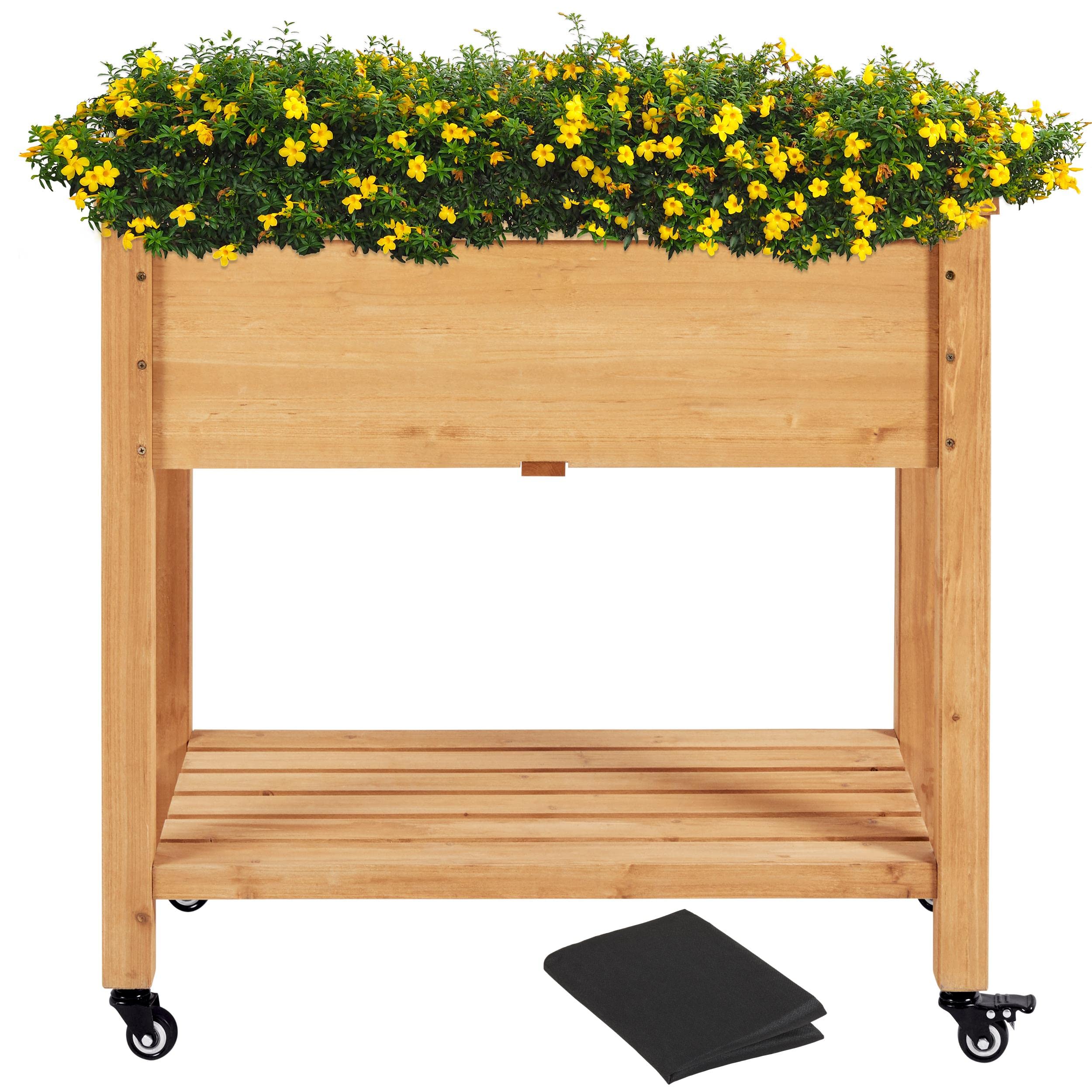 Abician Carré Potager en Bois de Sapin Carré Potager à roulettes avec Étagère de Rangement pour Plantes, Légumes, Fleurs