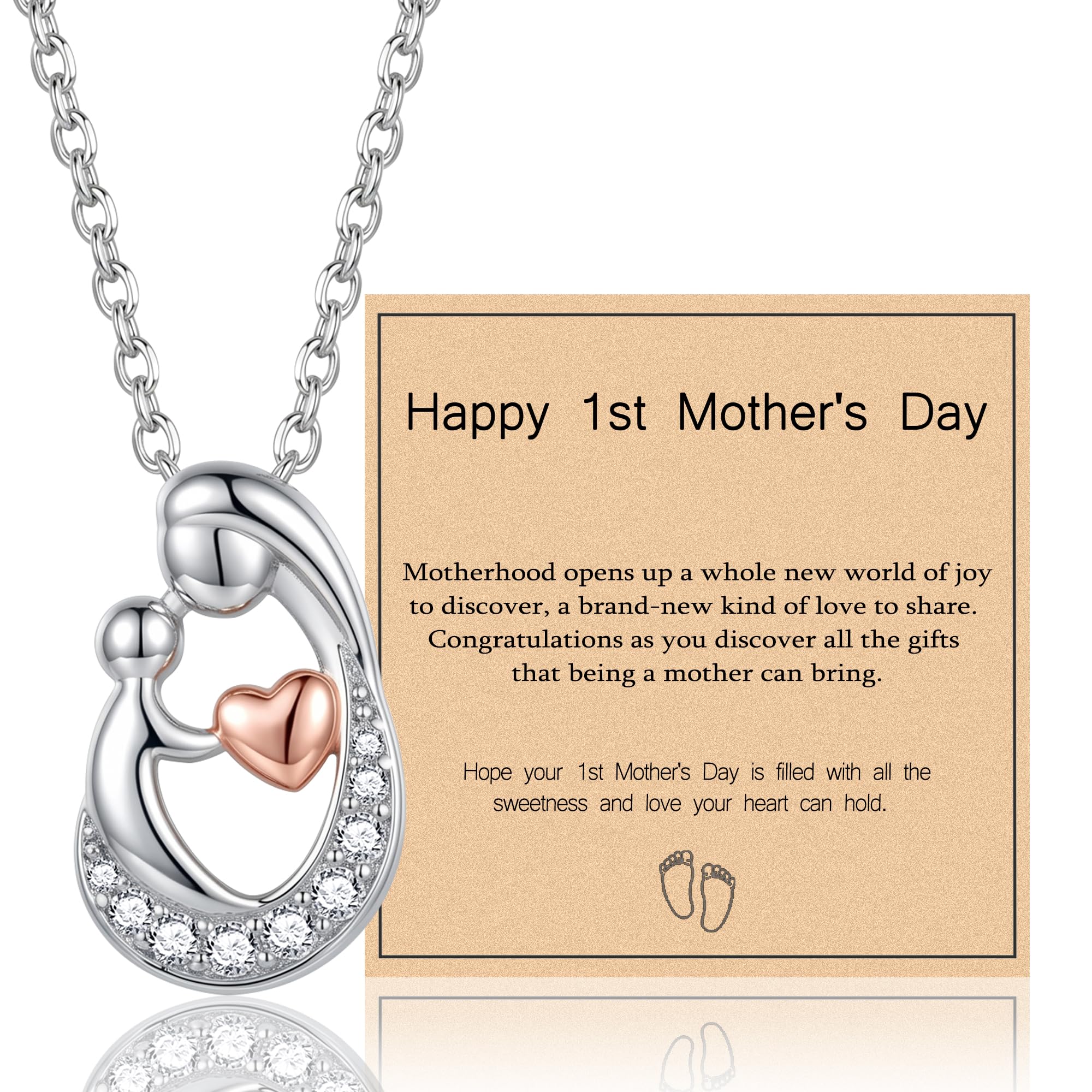 Sereney First Mothers Day Gifts for New Mom Necklace, New Mom Gifts as 1st Mothers Day Necklace for Women, White Gold Plated Hugging Heart Pendant as Hypoallergenic Mother Jewelry for New Mommy