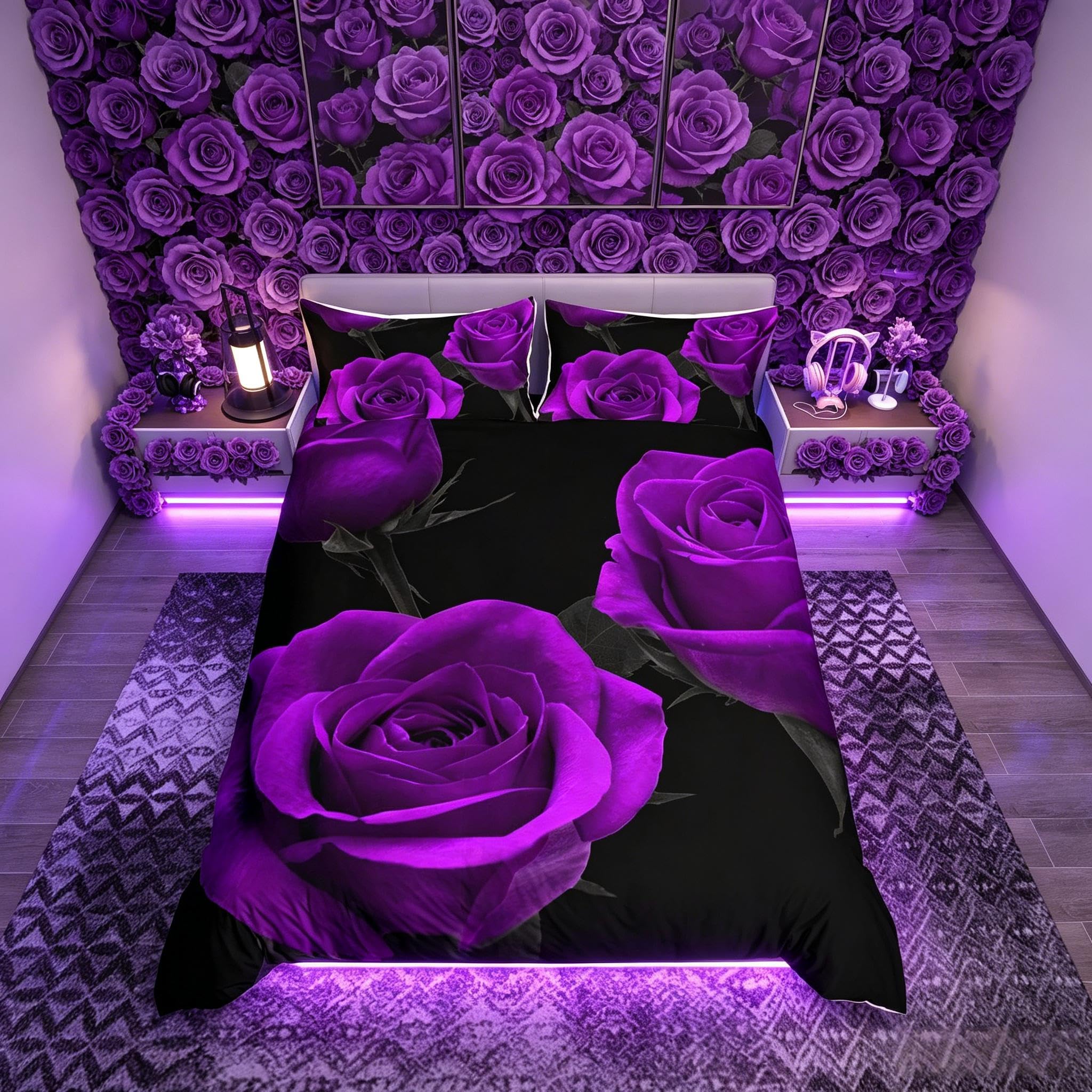 Loussiesd Rose Duvet Cover Purple Rose Floral Print Bedding Set Valentine's Day Comforter Cover for Boys Girls Kids Couple Lover Room Decor Romantic Flowers Pattern Lightweight Junior/Cot Bed Size