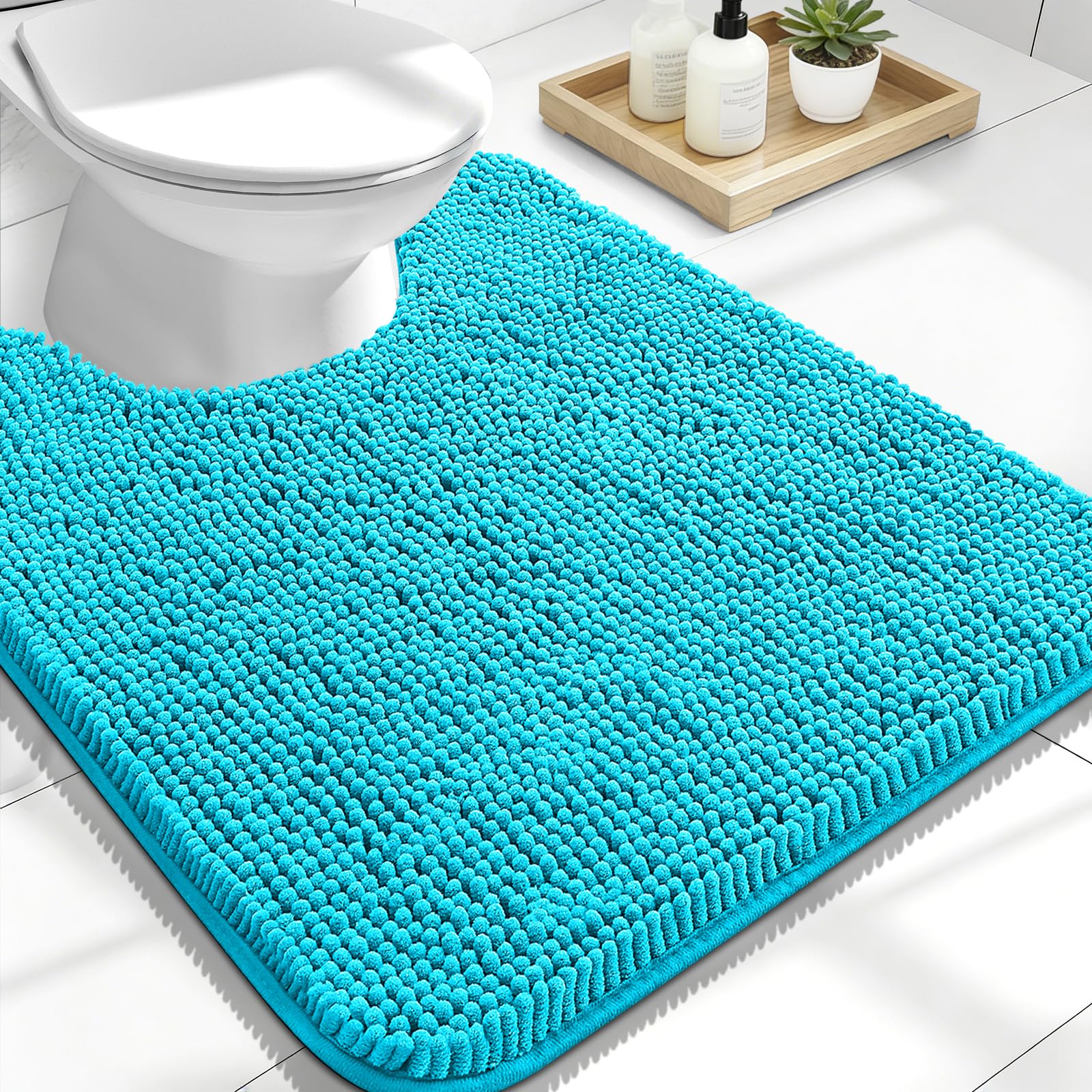 OLANLY Toilet Rugs U-Shaped 24x20, Soft Absorbent Chenille Contour Rugs | Aqua Sky, Quick-Drying Rubber Backing, Machine Washable Non-Slip Shaggy Bathroom Mat for Toilet, Home Decor Accessories