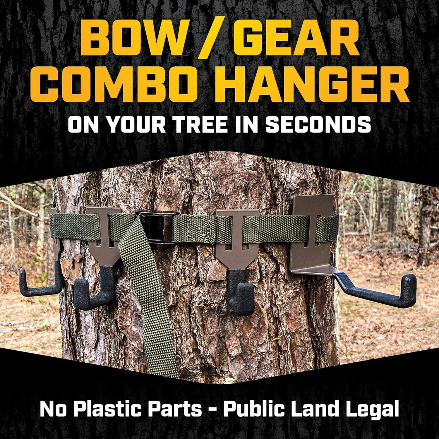 bwd Bow/Gear Combo Hanger - Ultimate Bow Hanger & 3 Wide Gap Gear Hangers - No Wobble, Lasts a Lifetime - 300 lb Capacity - Tree Mount - Minimalist Style