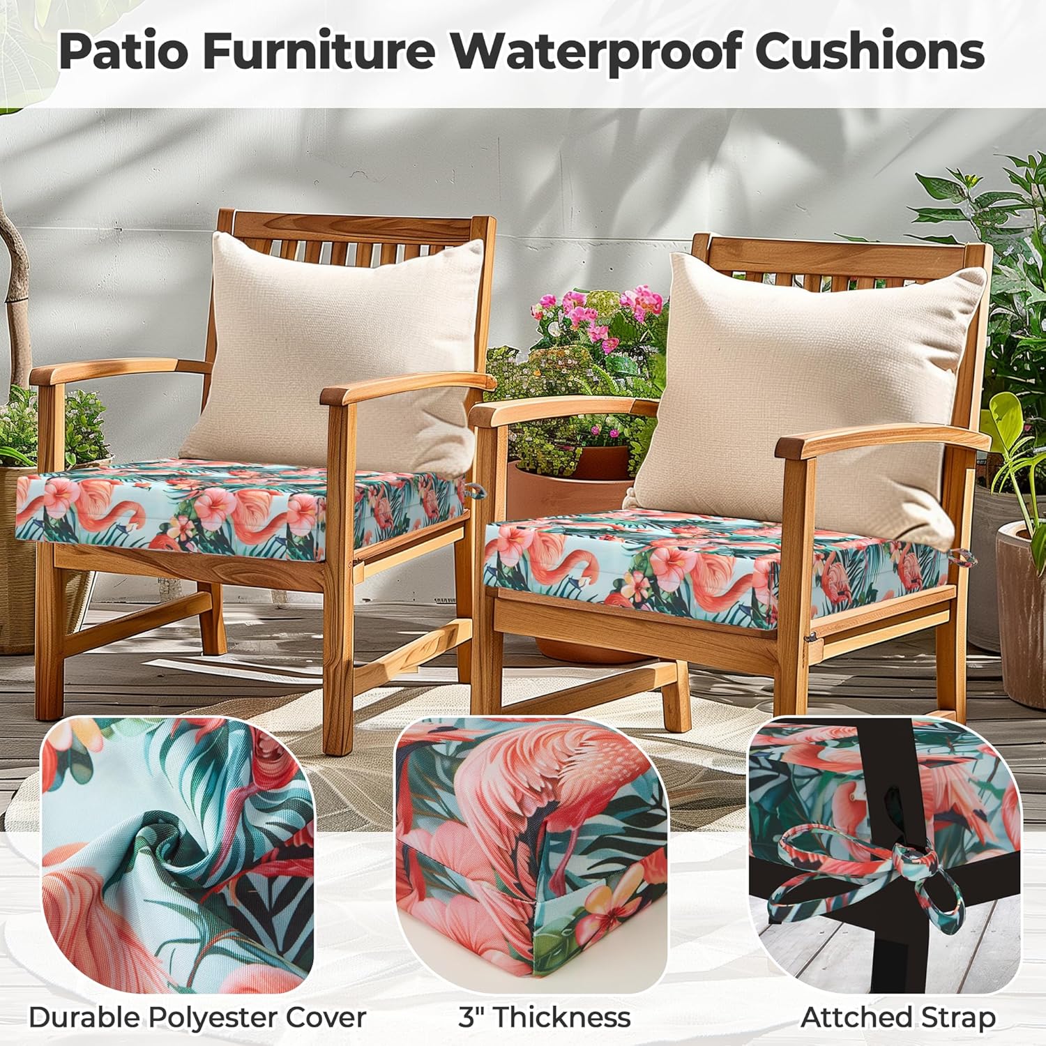 Bafode Patio Chair Cushions Set of 4, 18.5" x 16" x 3" Waterproof Outdoor Chair Cushions for Furniture, Seat Cushion with Ties, for Patio, Yard, Garden Dining Chair