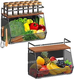 Homecor Magnetic Shelf for Fridge - Fruit Basket and Vegetable Storage with Wood Lid, Large Pantry Kitchen Organizers and Storage, Magnetic Spice Rack for Refrigerator, Kitchen Counter, 2 pack