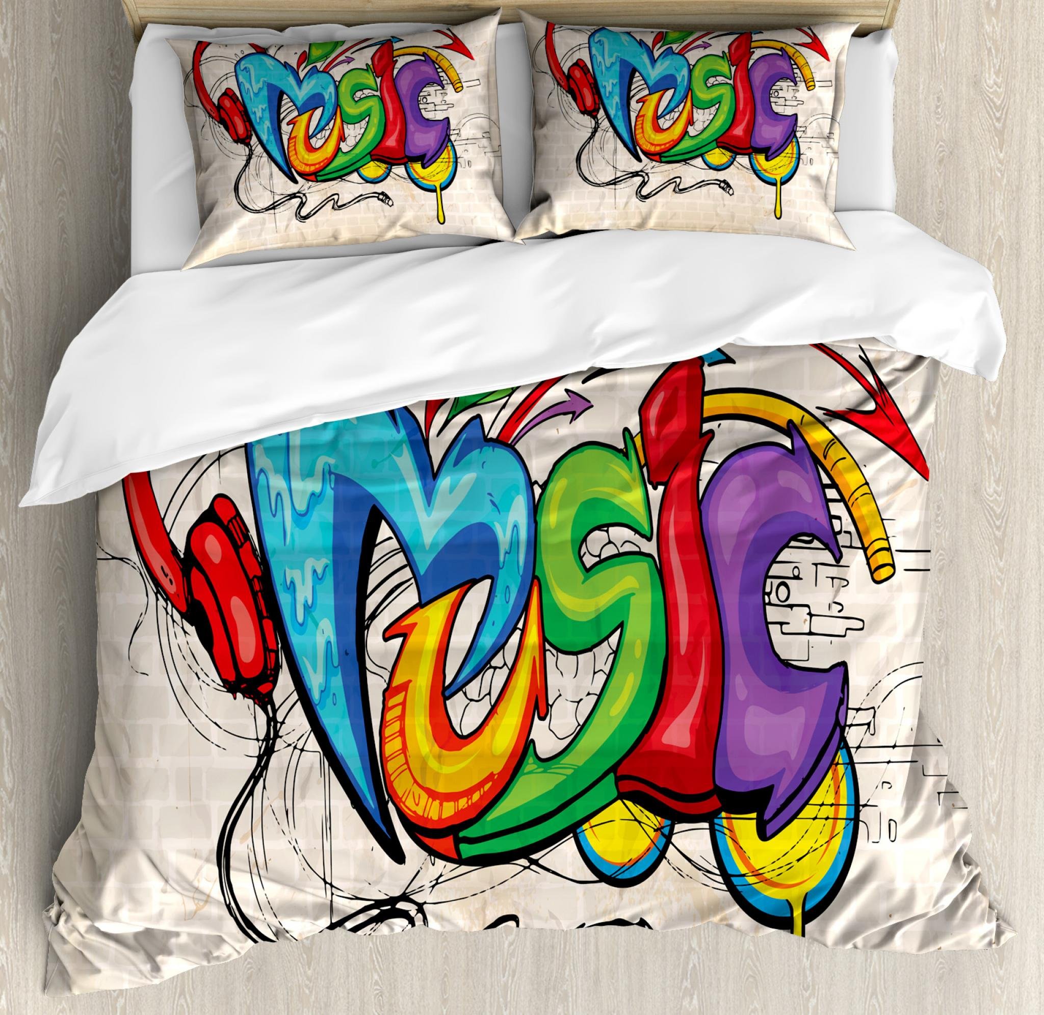 Ambesonne Music Duvet Cover Set, Illustration of Graffiti Style Lettering Headphones Hip Hop Theme o