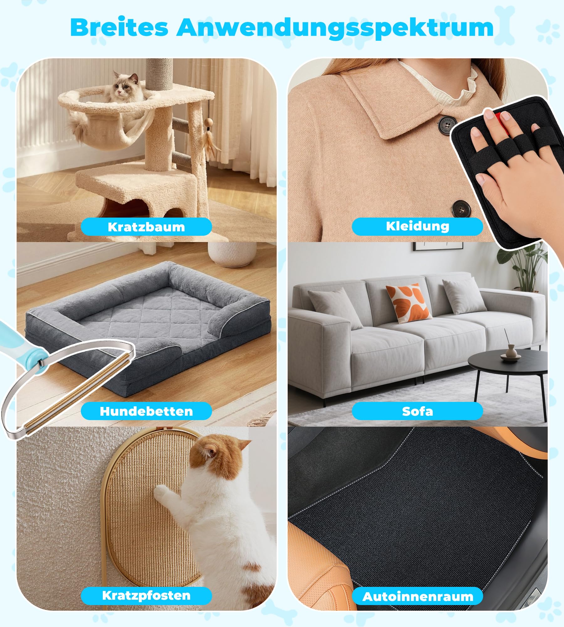 3-in-1-Tierhaarentferner: verstellbare, 160 cm Lange Teppichbürste, Handschuh zum Entfernen von Tierhaaren und tragbare Bürste zum Entfernen von Tierhaaren von Teppichen und Sofas