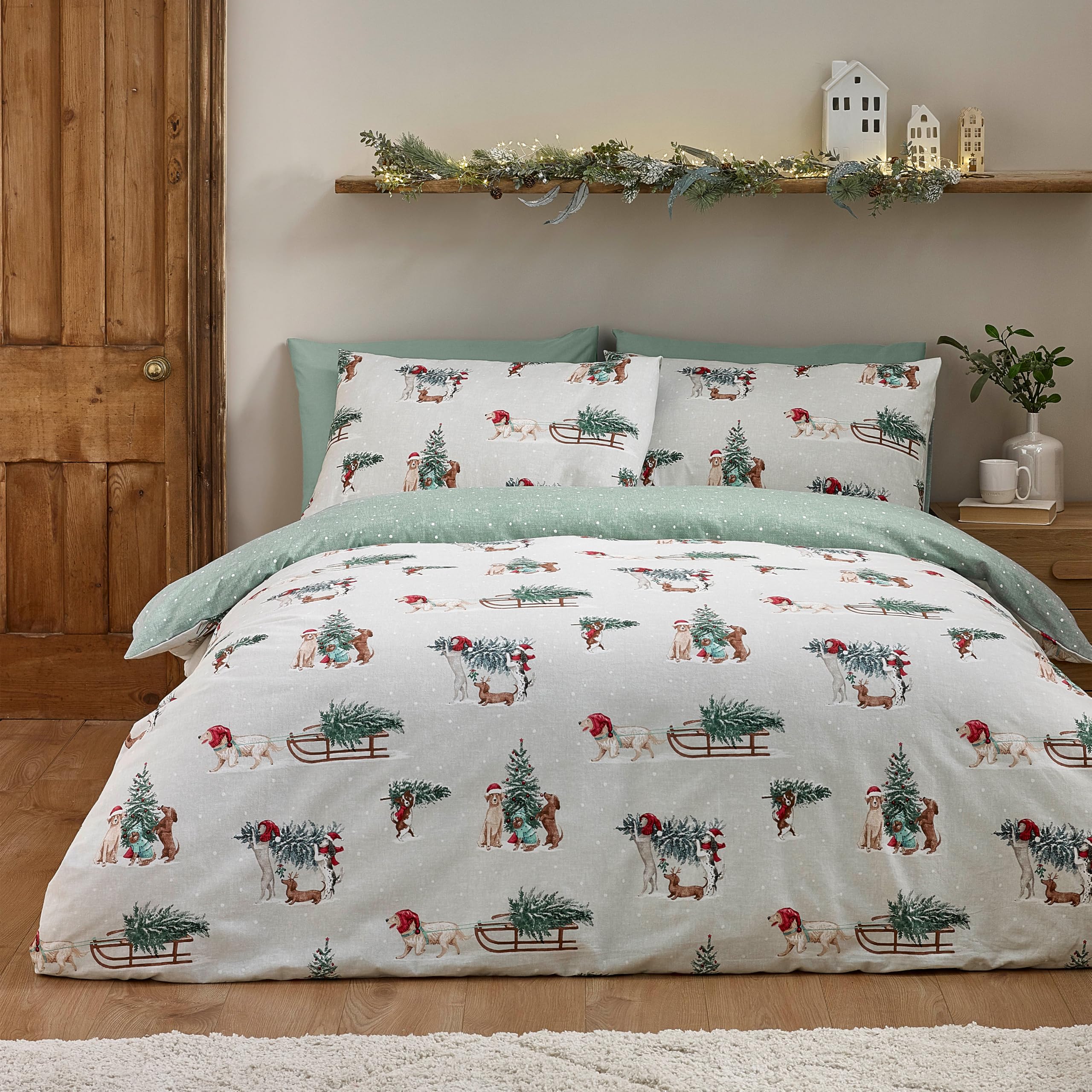 Catherine Lansfield Brushed Christmas Dogs King Duvet Cover Set Green