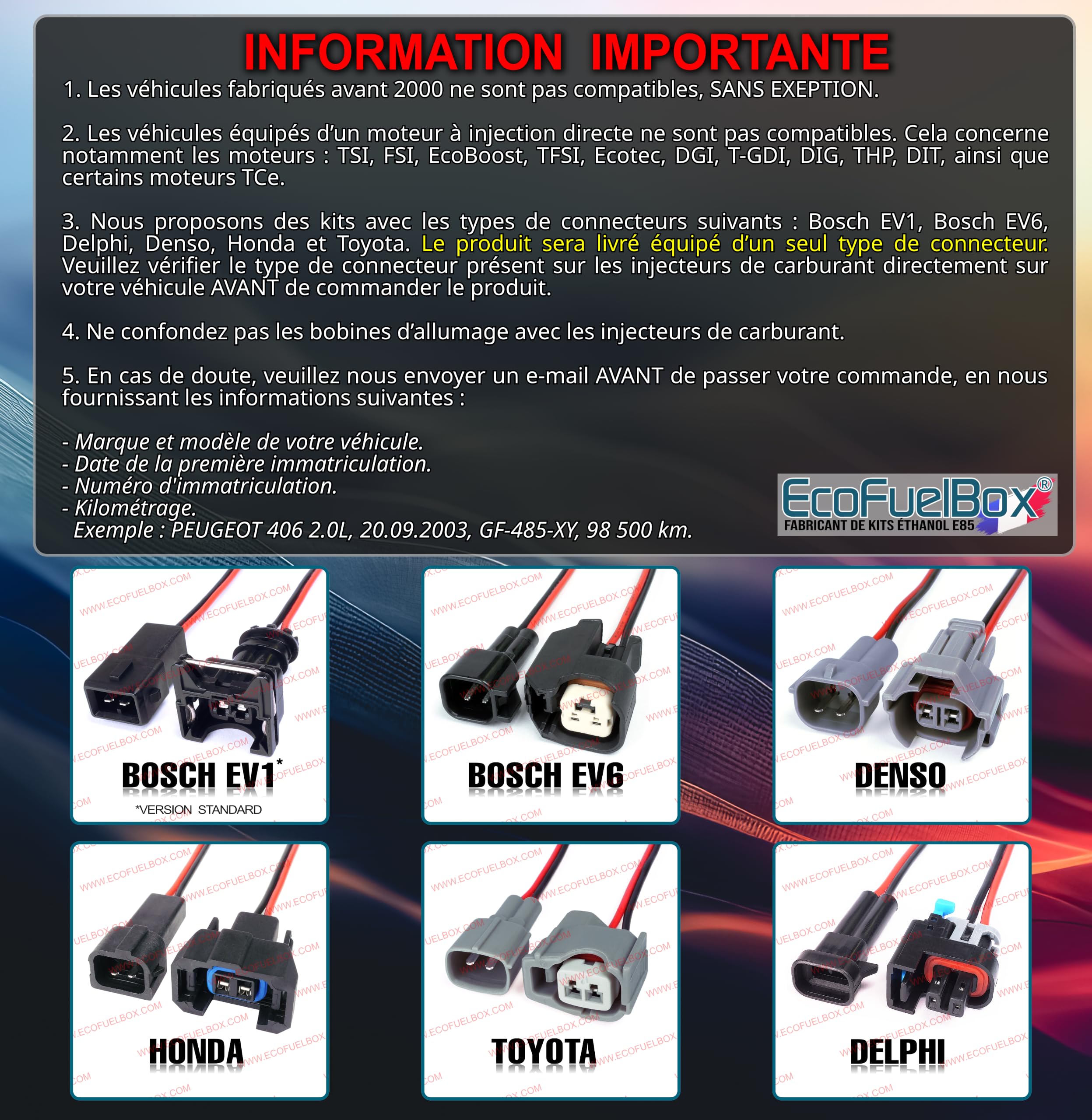 Kit éthanol Boitier éthanol E85 4 cylindres pour Voitures/Motos: Nissan, Hyundai, Kia, Mitsubishi, Mazda, Renault, Citroen, Peugeut, Lеxus (Connecteurs DENSO)