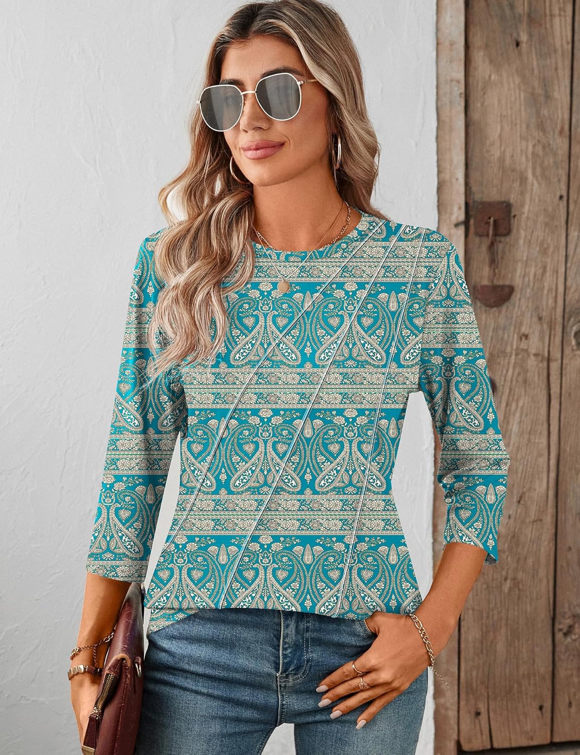 LOMON 3/4 Length Sleeve Womens Tops Spring Summer Fashion 2026 Tops Crew Neck Pleated Shirts Tunic Top Loose Fit - Image 4