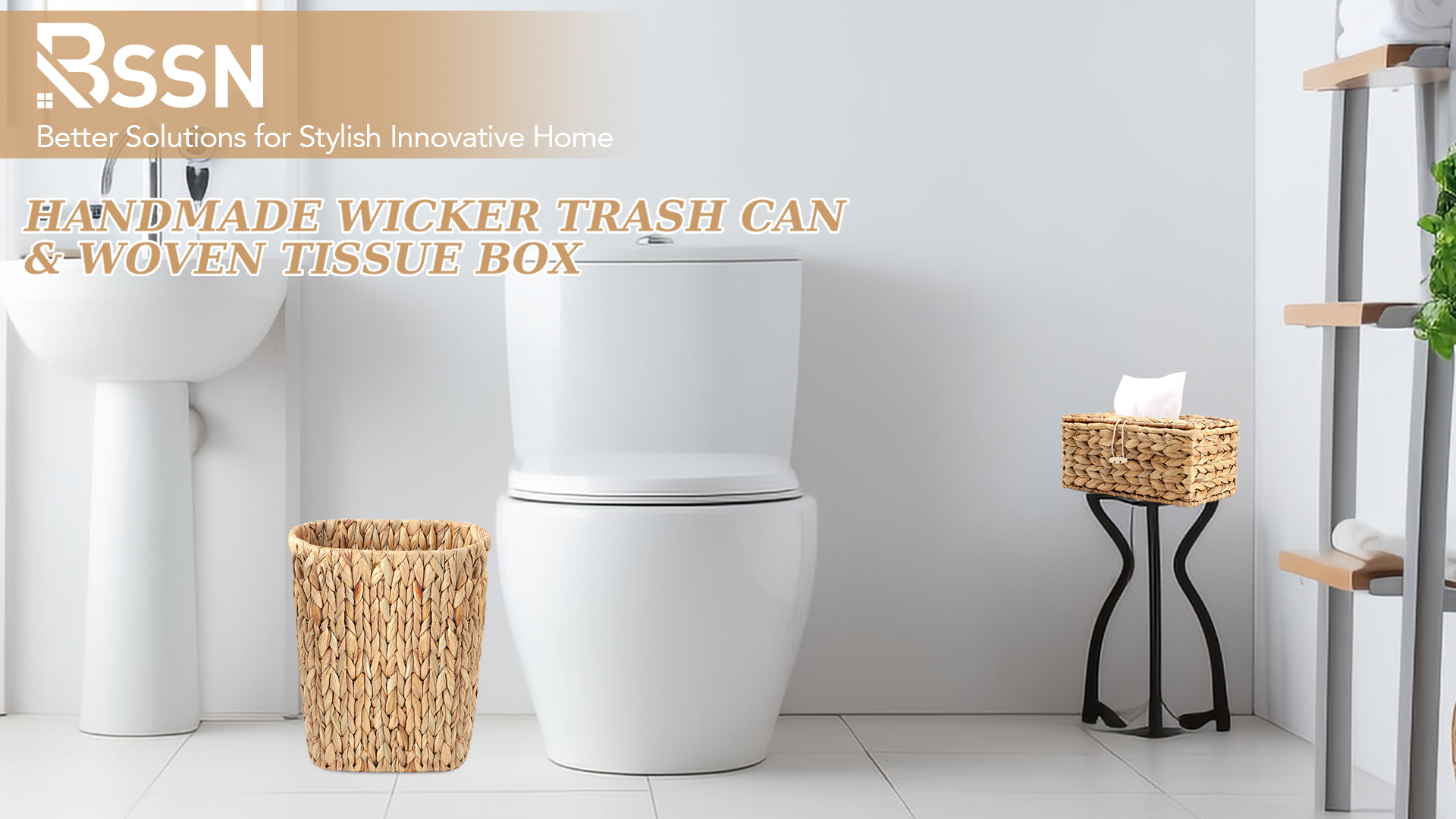 Image of Wicker Trash Can and Rectangle Tissue Box Cover, 4 Gallon Water Hyacinth Bathroom Trash Can, Handwoven Napkin Holder, Narrow Small Waste Basket, Rustic Decorative Home Set for Bedroom,Bathroom,Office
