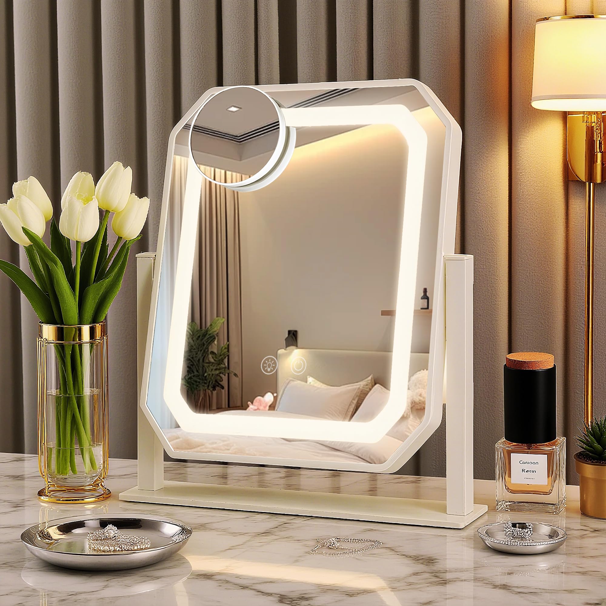 WITFAMILY Schminkspiegel mit Beleuchtung,Hollywood Spiegel mit LED Licht Dimmbar Kosmetikspiegel 3 Modi, Vanity Spiegel Tischspiegel mit USB 10X Vergrößerung für Schlafzimmer Schminktisch (Diamant)