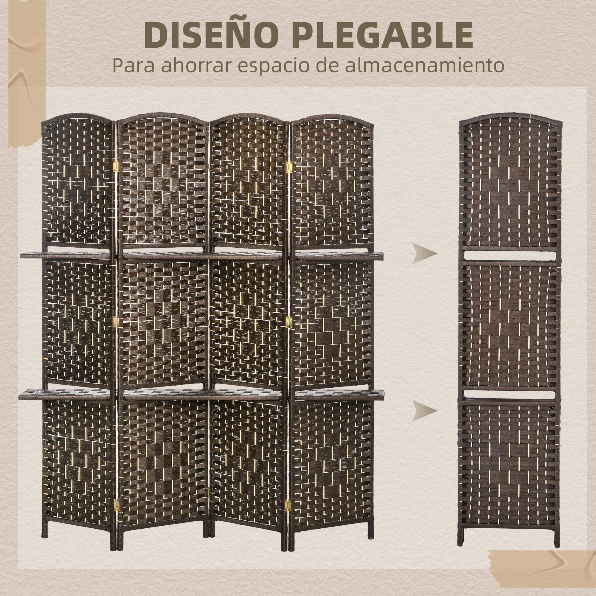 HOMCOM Biombo Separador de Ambientes de 4 Paneles 160x170 cm con 2 Estantes de Exhibición Pantalla de Privacidad Plegable Divisor para Oficina Dormitorio Marrón